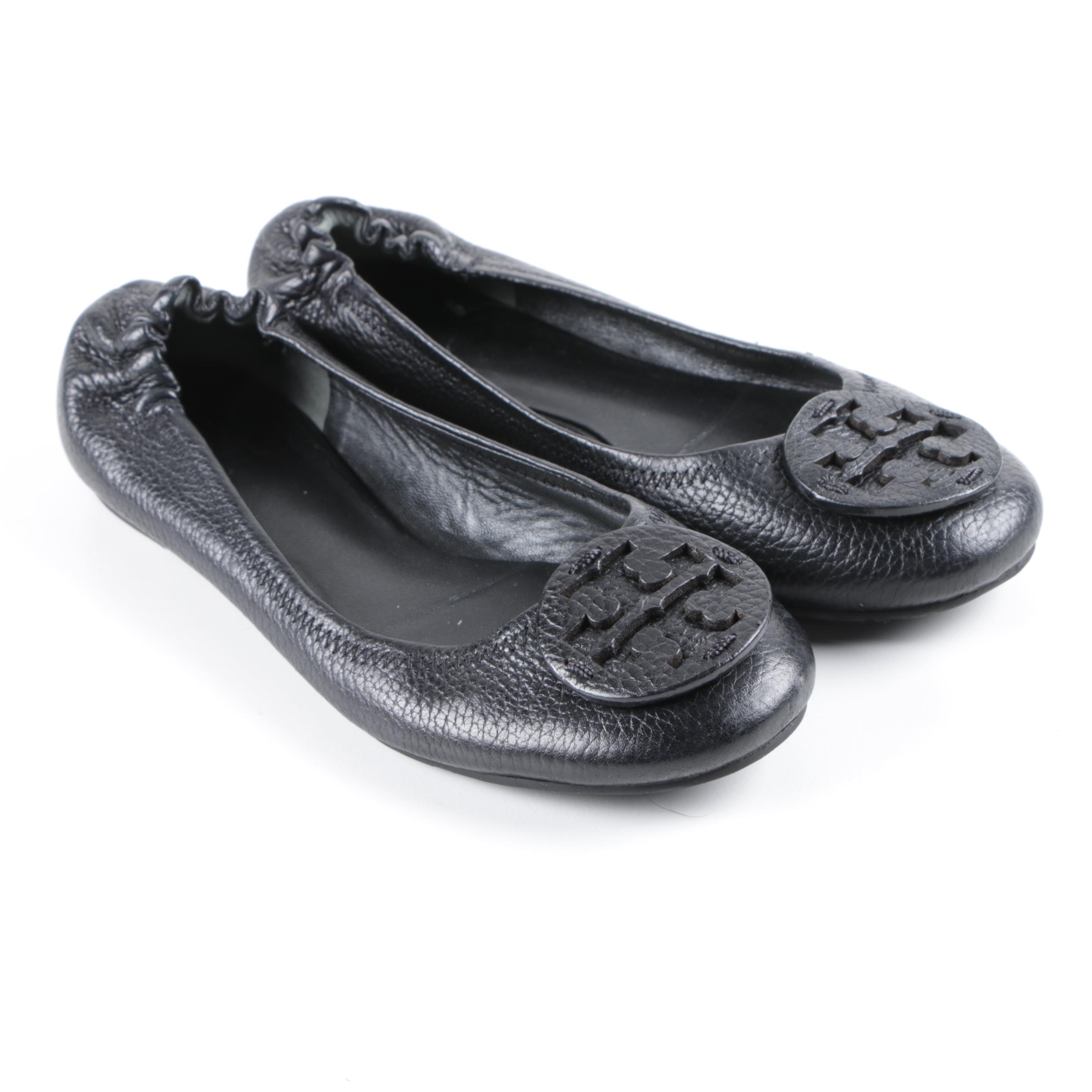 Women's Tory Burch Black Pebbled Leather Ballet Flats