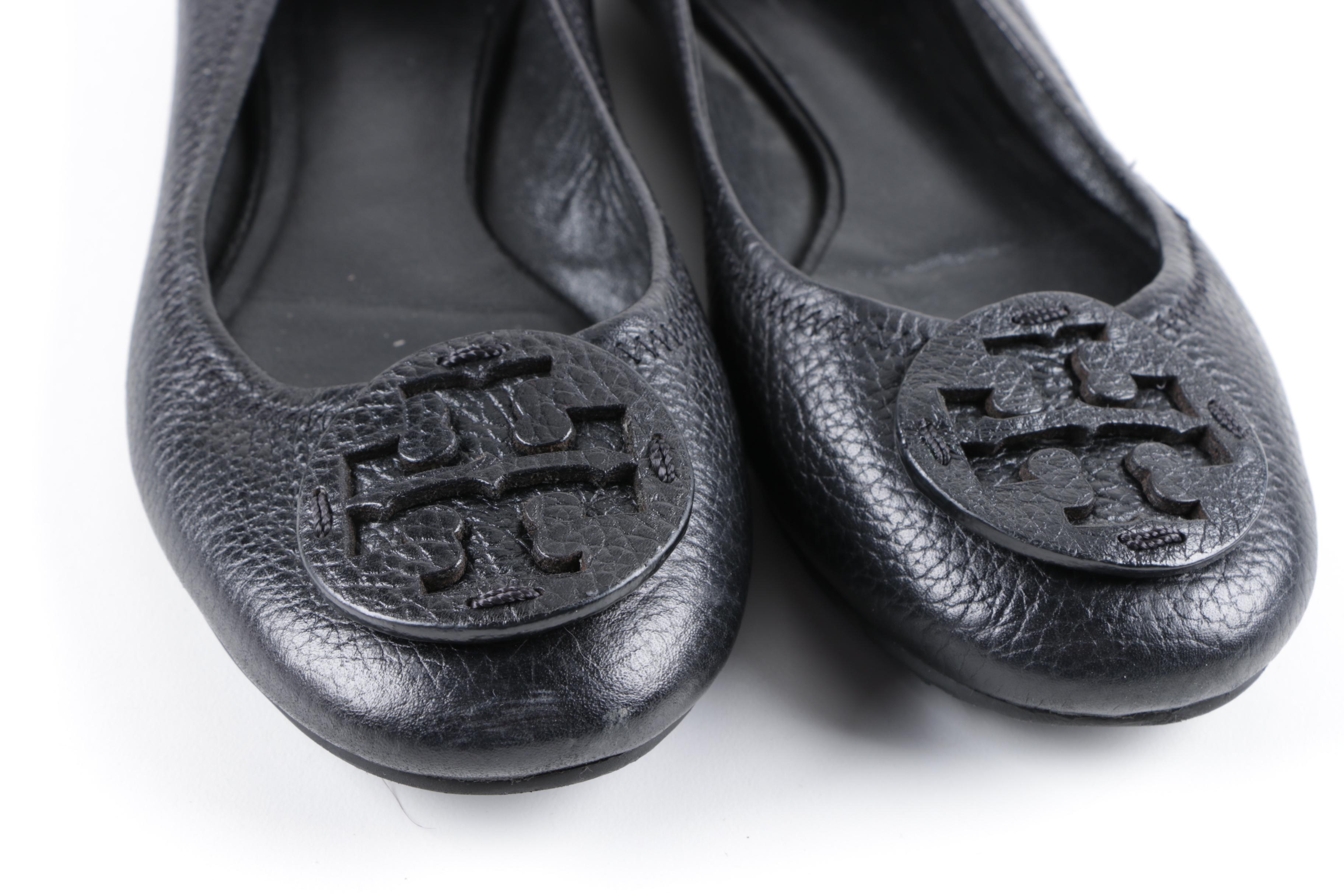 Women's Tory Burch Black Pebbled Leather Ballet Flats