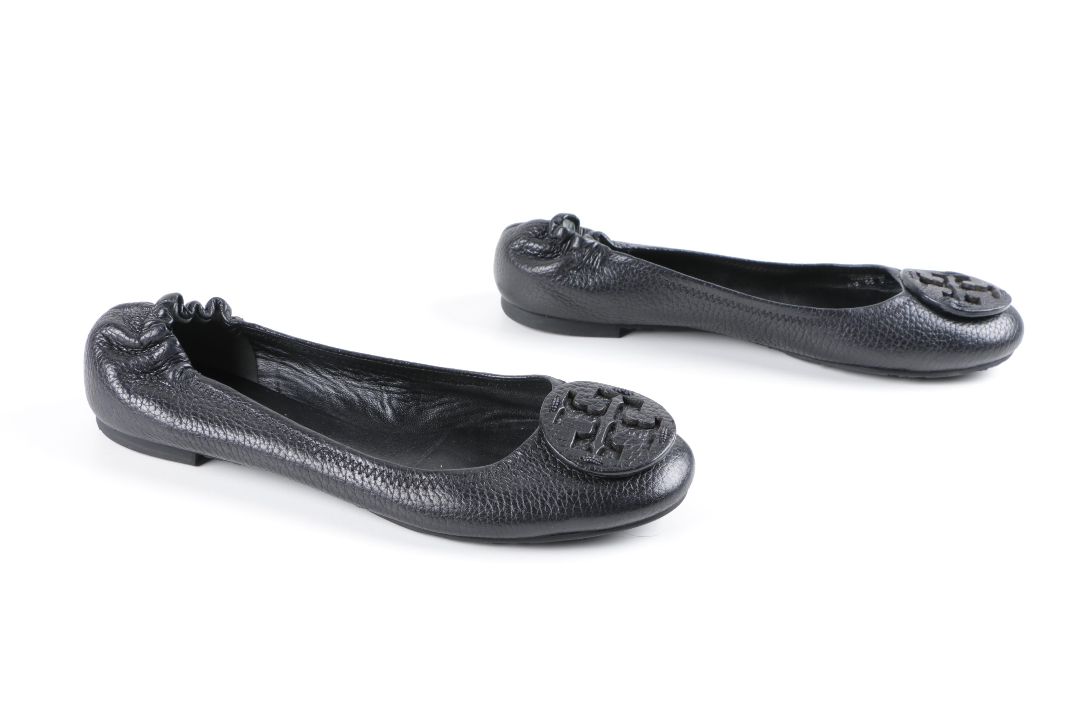 Women's Tory Burch Black Pebbled Leather Ballet Flats