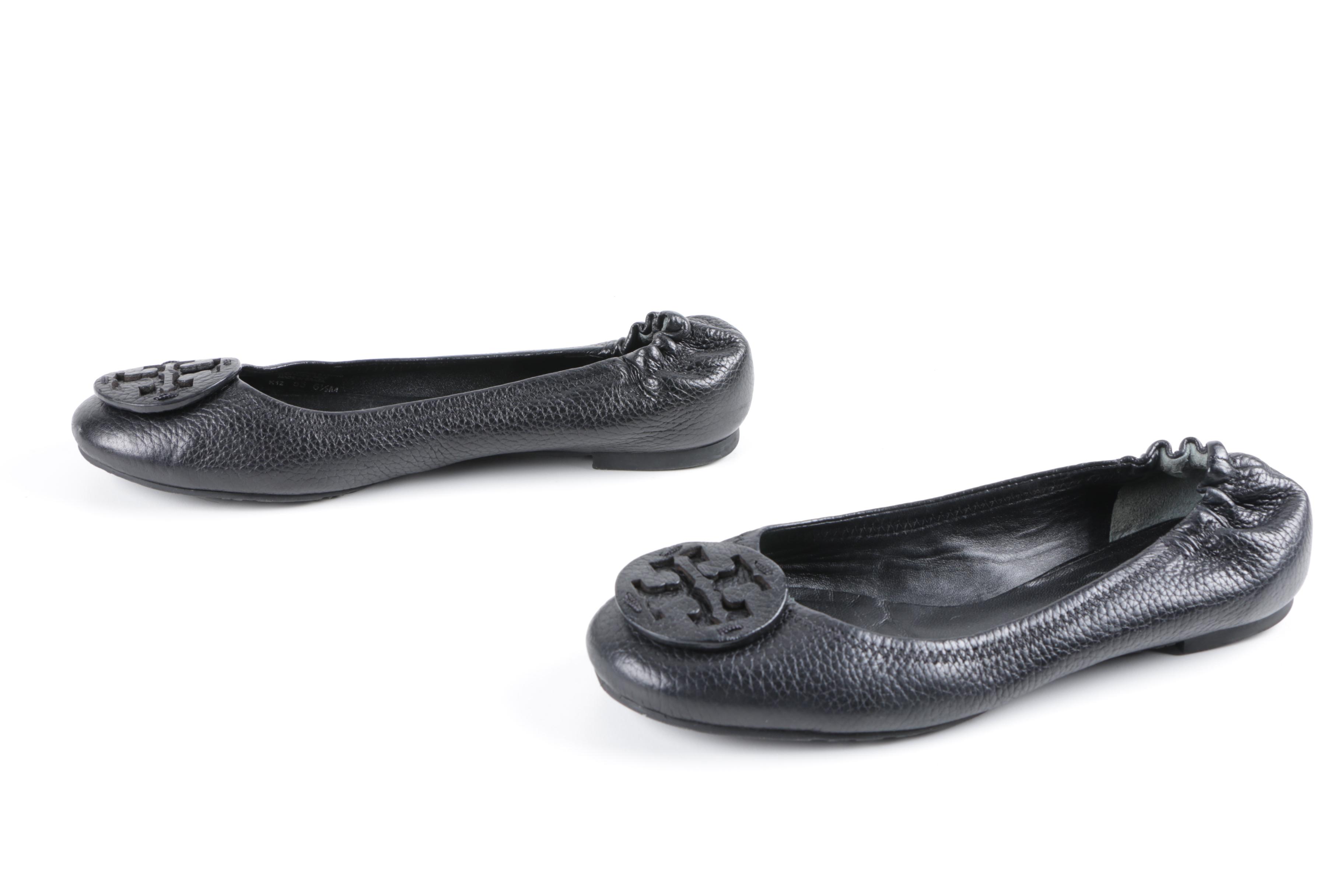 Women's Tory Burch Black Pebbled Leather Ballet Flats