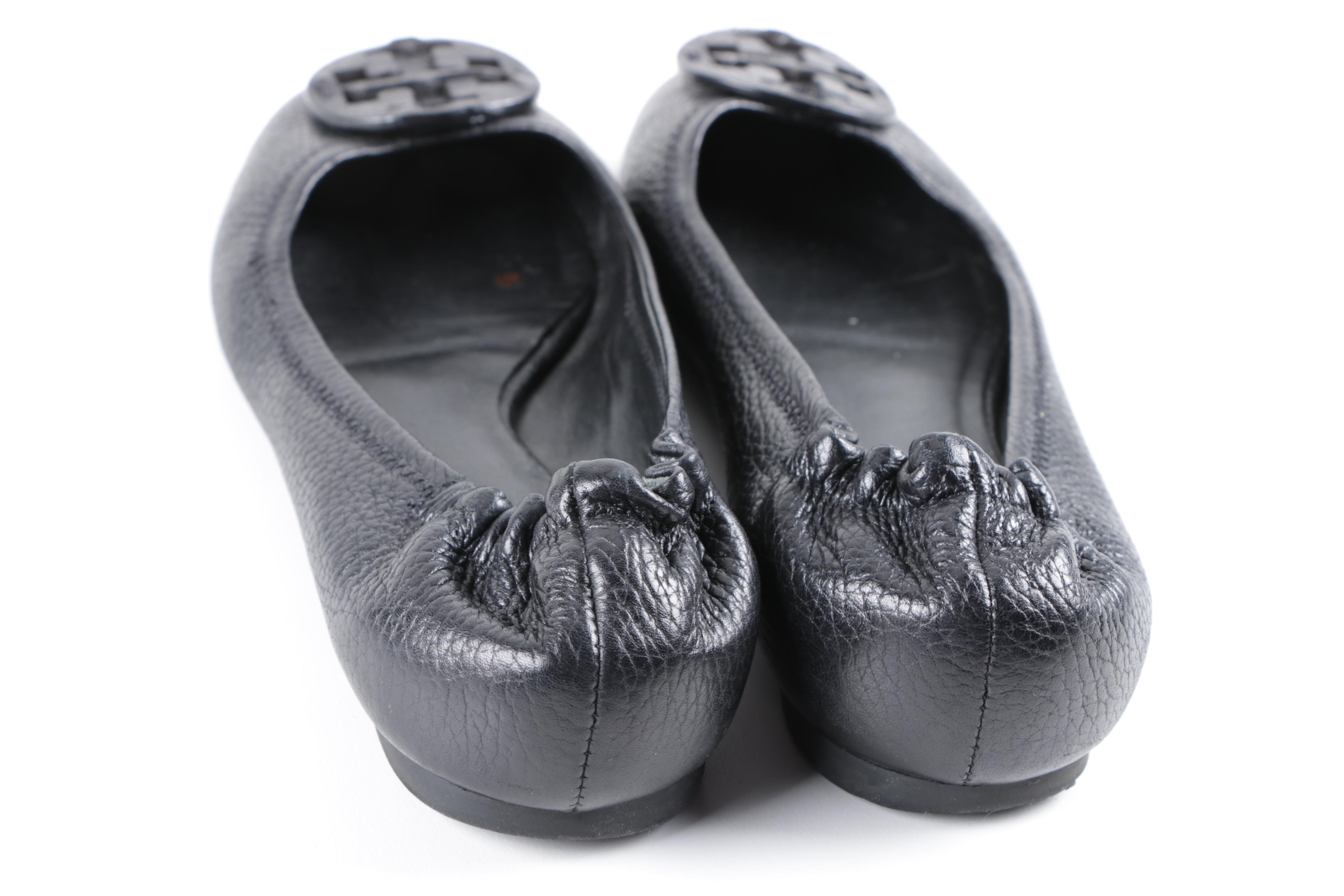 Women's Tory Burch Black Pebbled Leather Ballet Flats