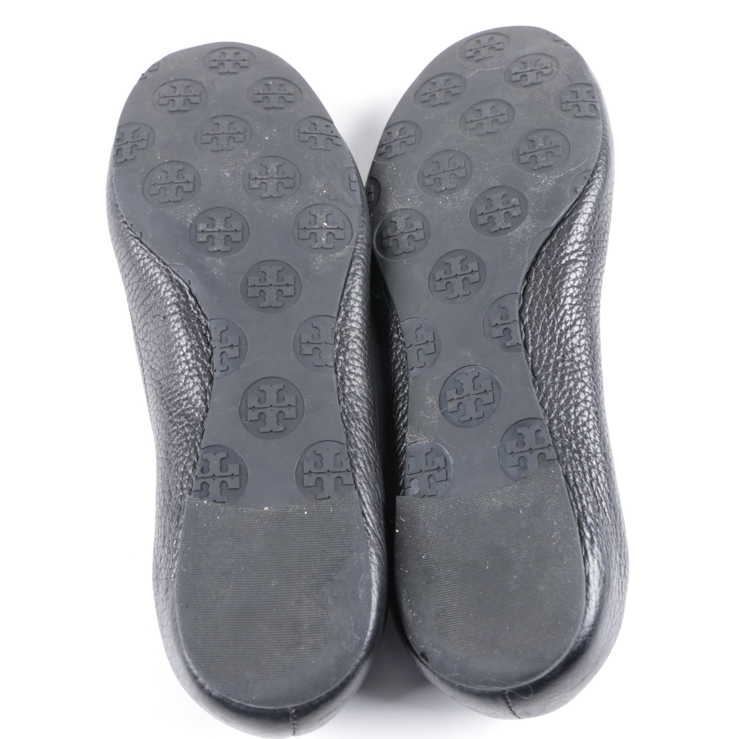 Women's Tory Burch Black Pebbled Leather Ballet Flats