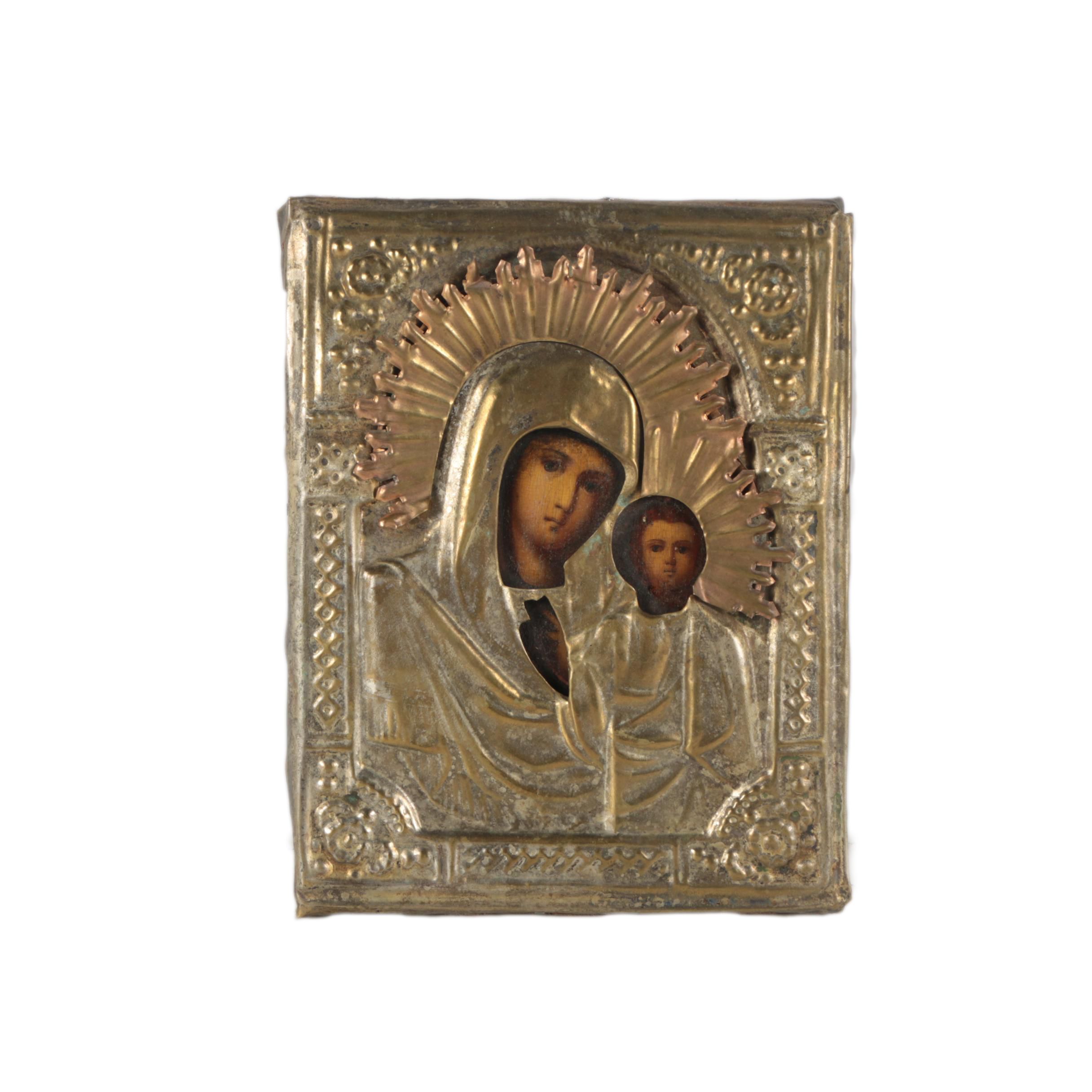 19th Century Eastern Orthodox Oil Paint Icon "The Virgin Hodegetria"