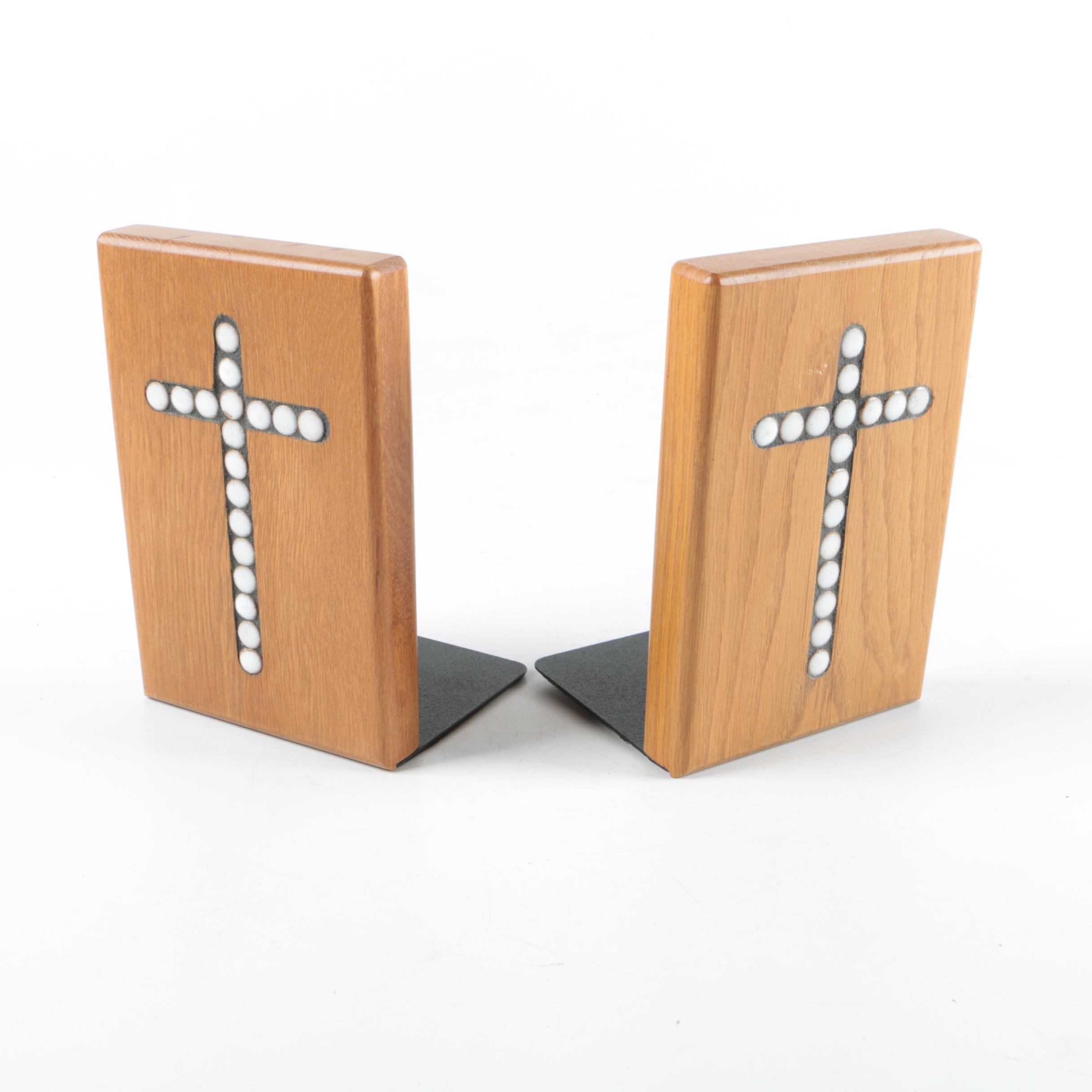 Crucifix Motif Jane & Gordon Martz for Marshall Studios Wood & Ceramic Bookends