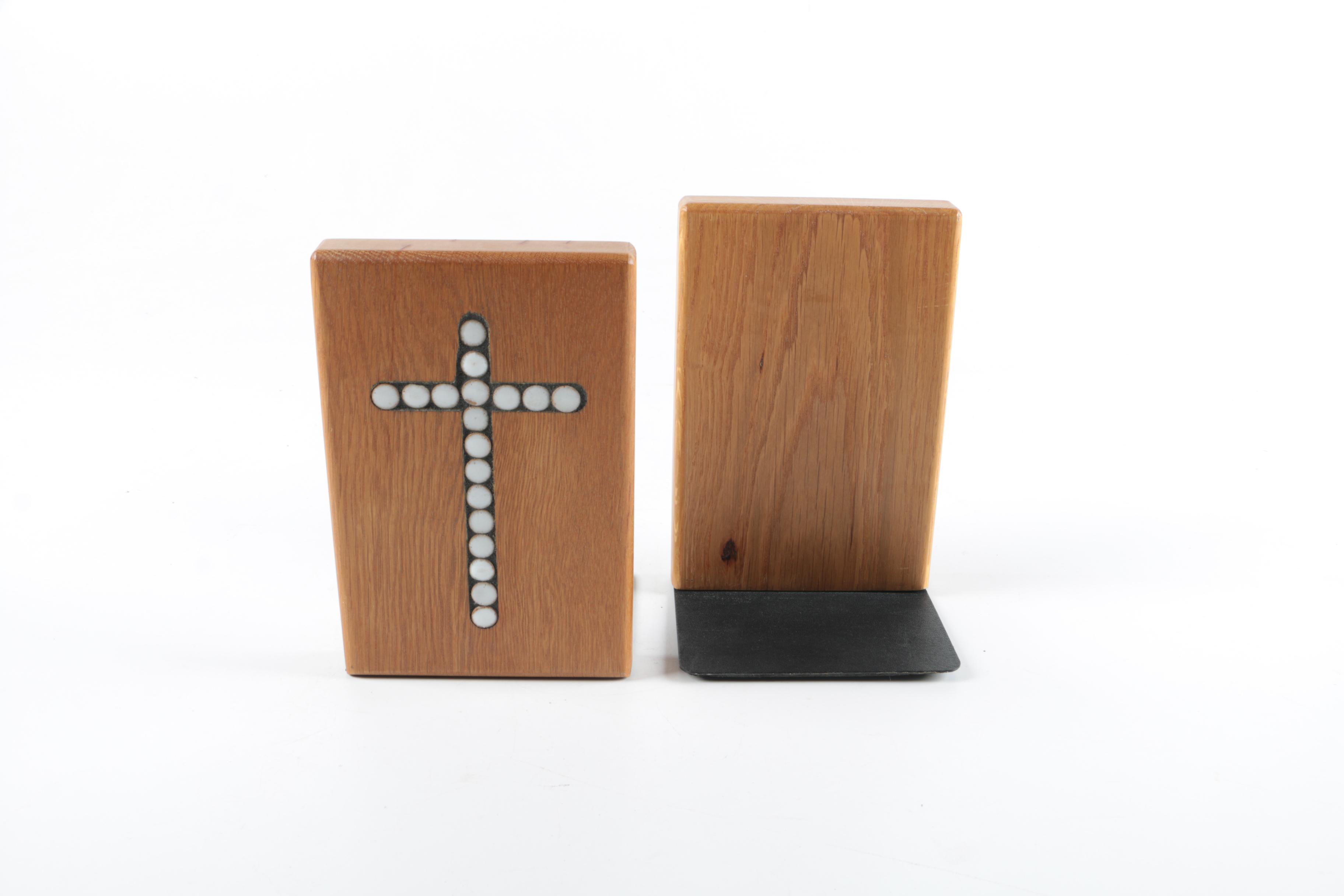 Crucifix Motif Jane & Gordon Martz for Marshall Studios Wood & Ceramic Bookends
