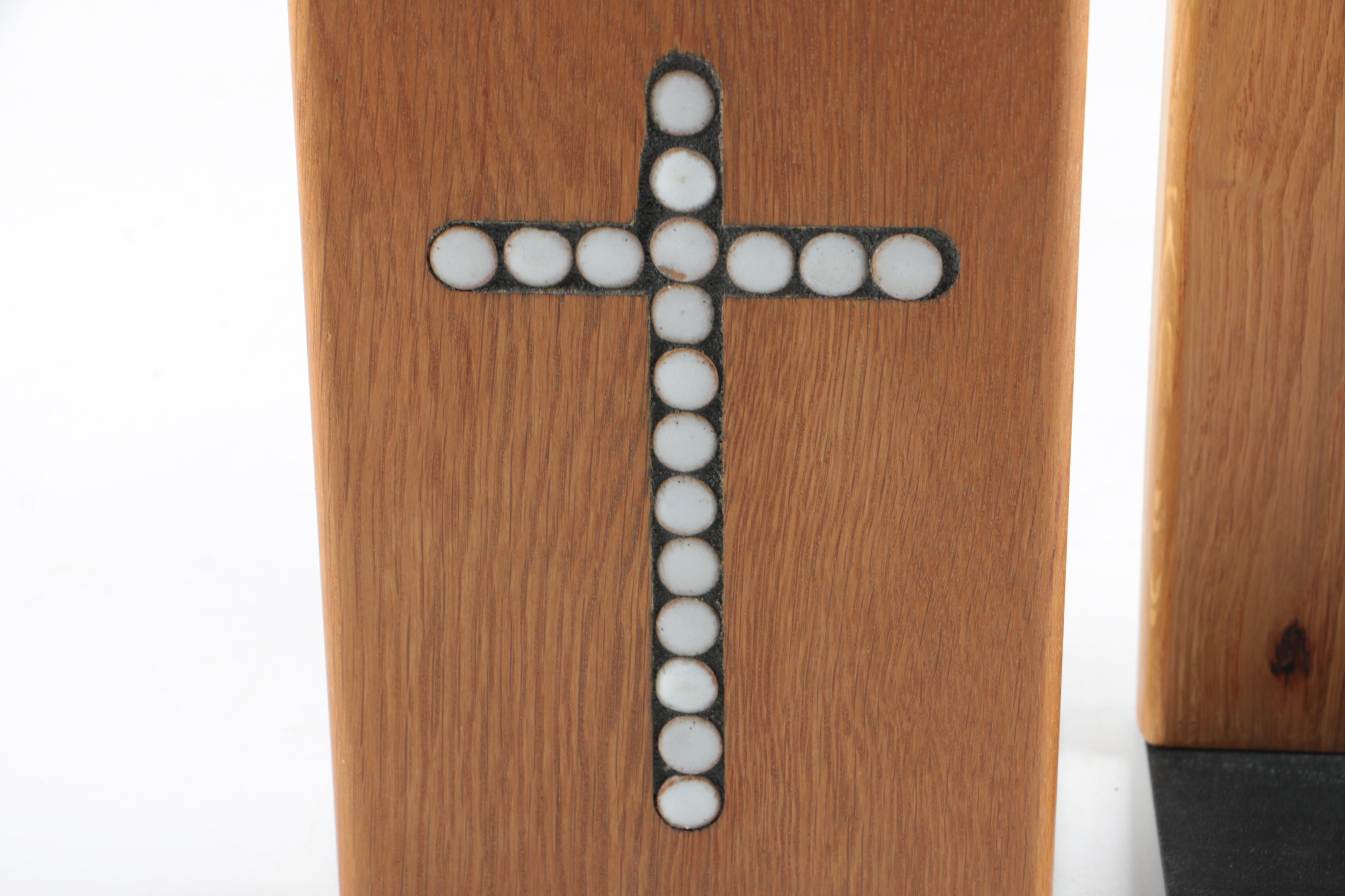 Crucifix Motif Jane & Gordon Martz for Marshall Studios Wood & Ceramic Bookends