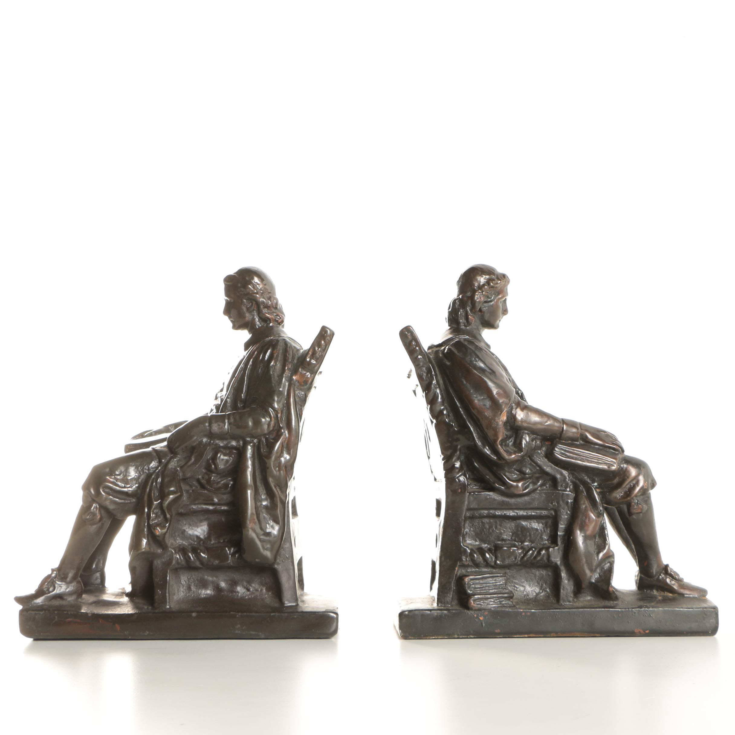 Pair of Marion Bronze Company Base Metal Bookends Depicting John Harvard