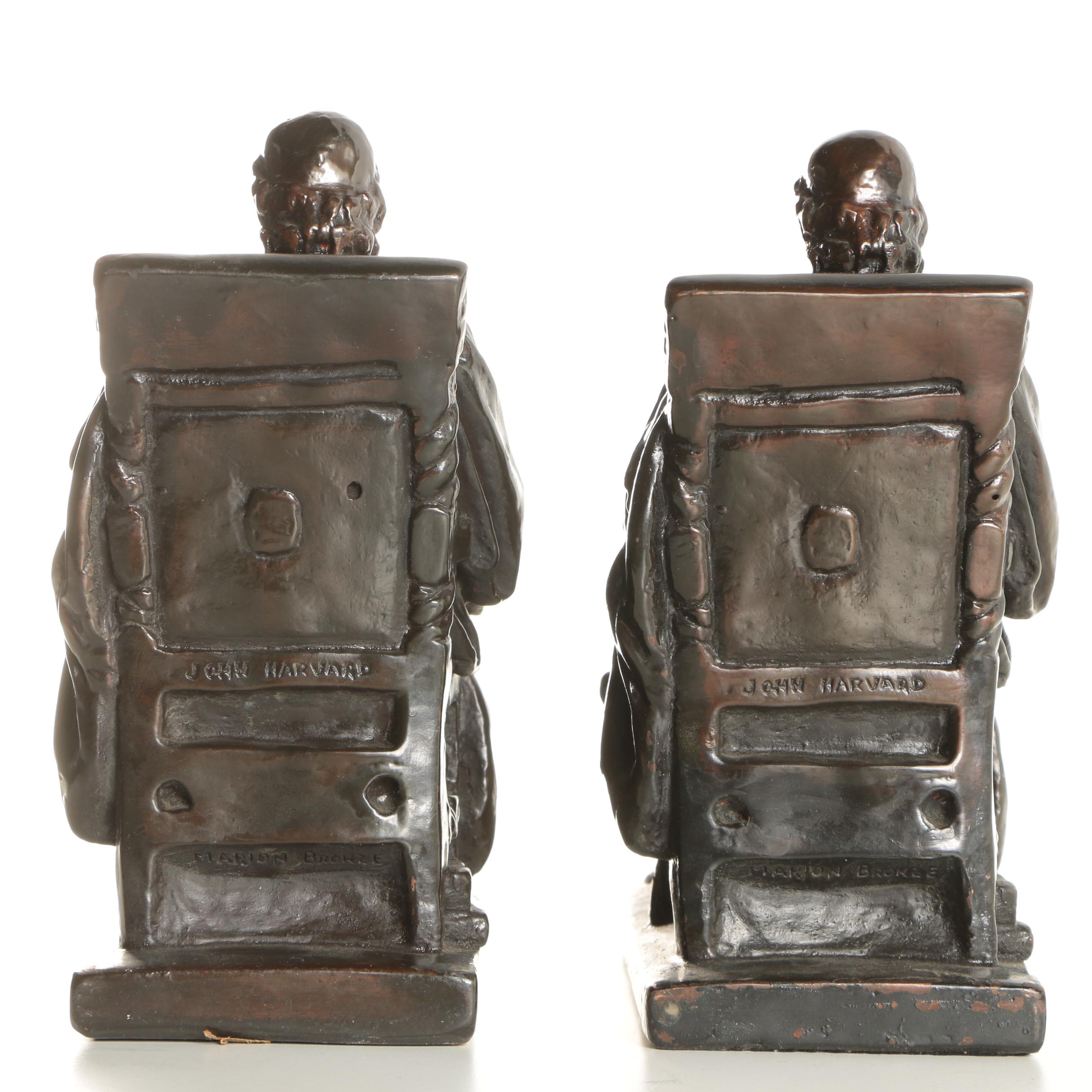 Pair of Marion Bronze Company Base Metal Bookends Depicting John Harvard