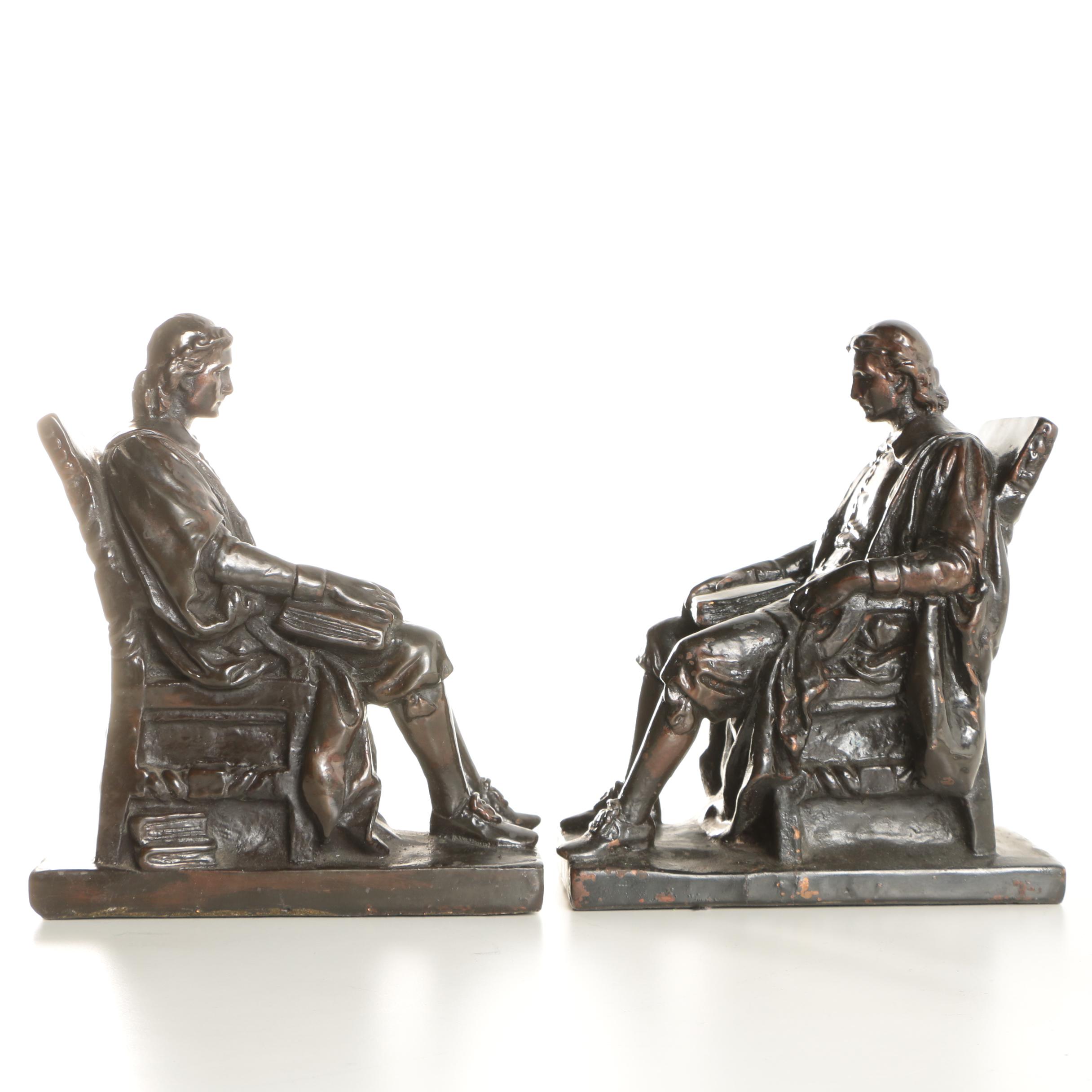 Pair of Marion Bronze Company Base Metal Bookends Depicting John Harvard