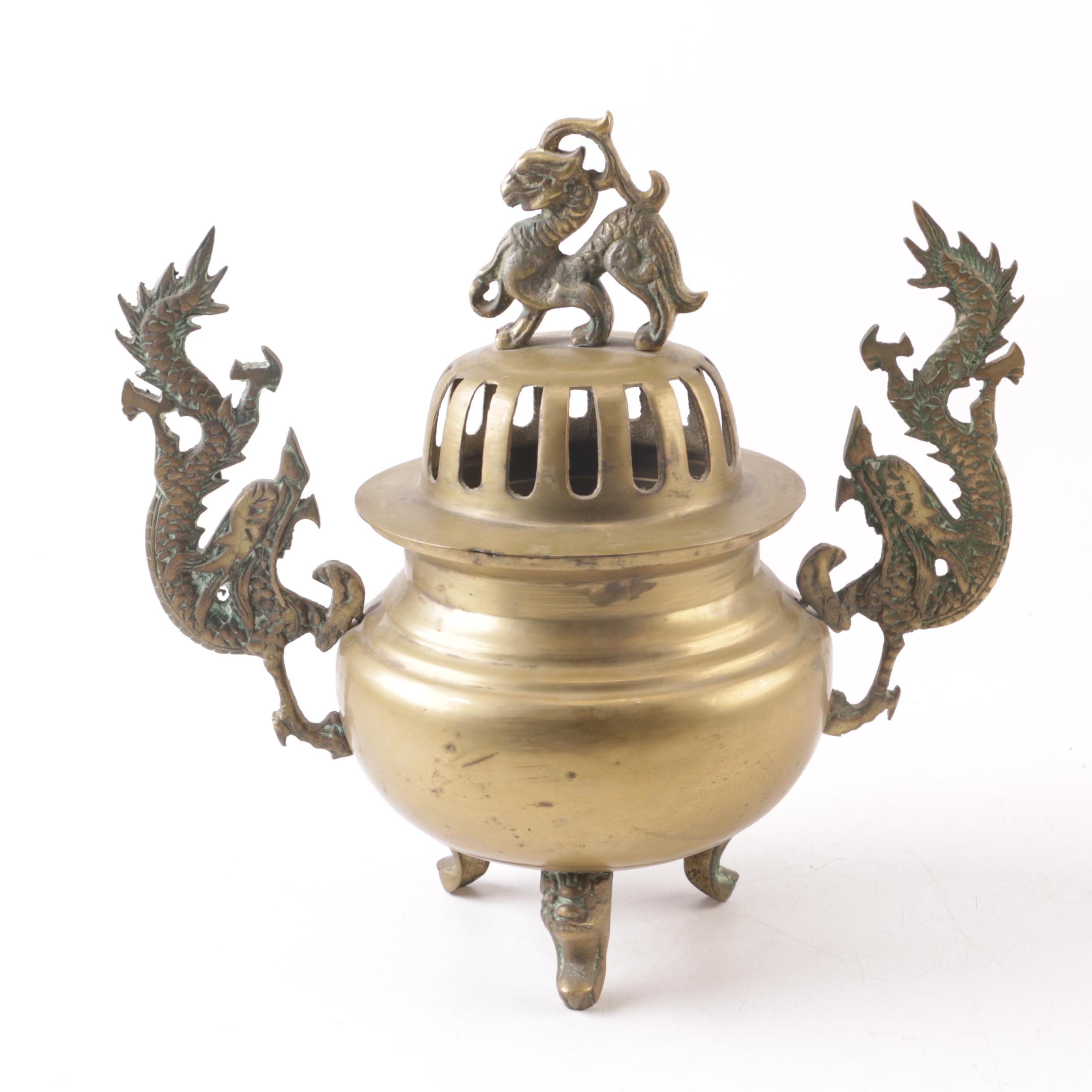 Chinese Brass Incense Burner With Dragon Handles