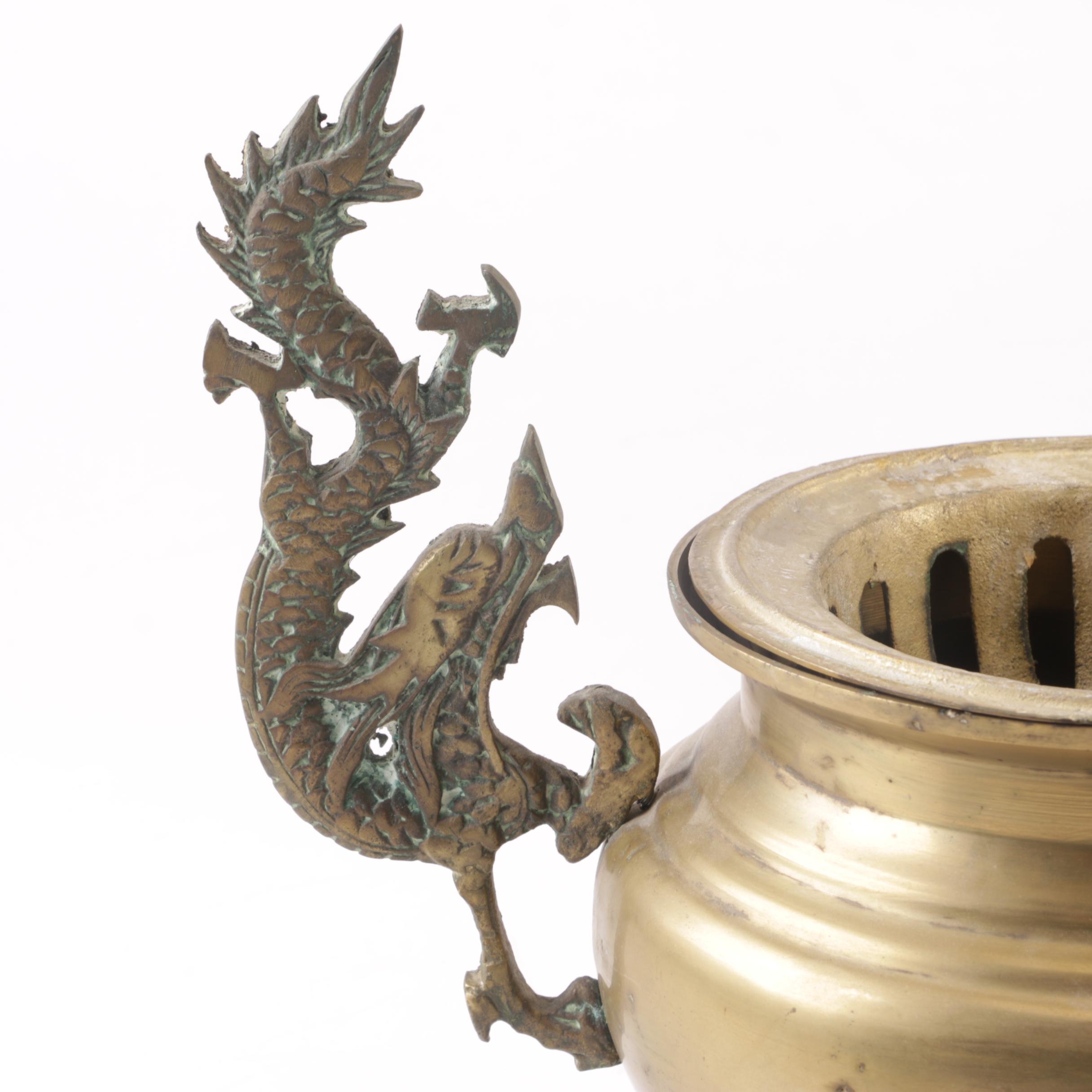 Chinese Brass Incense Burner With Dragon Handles