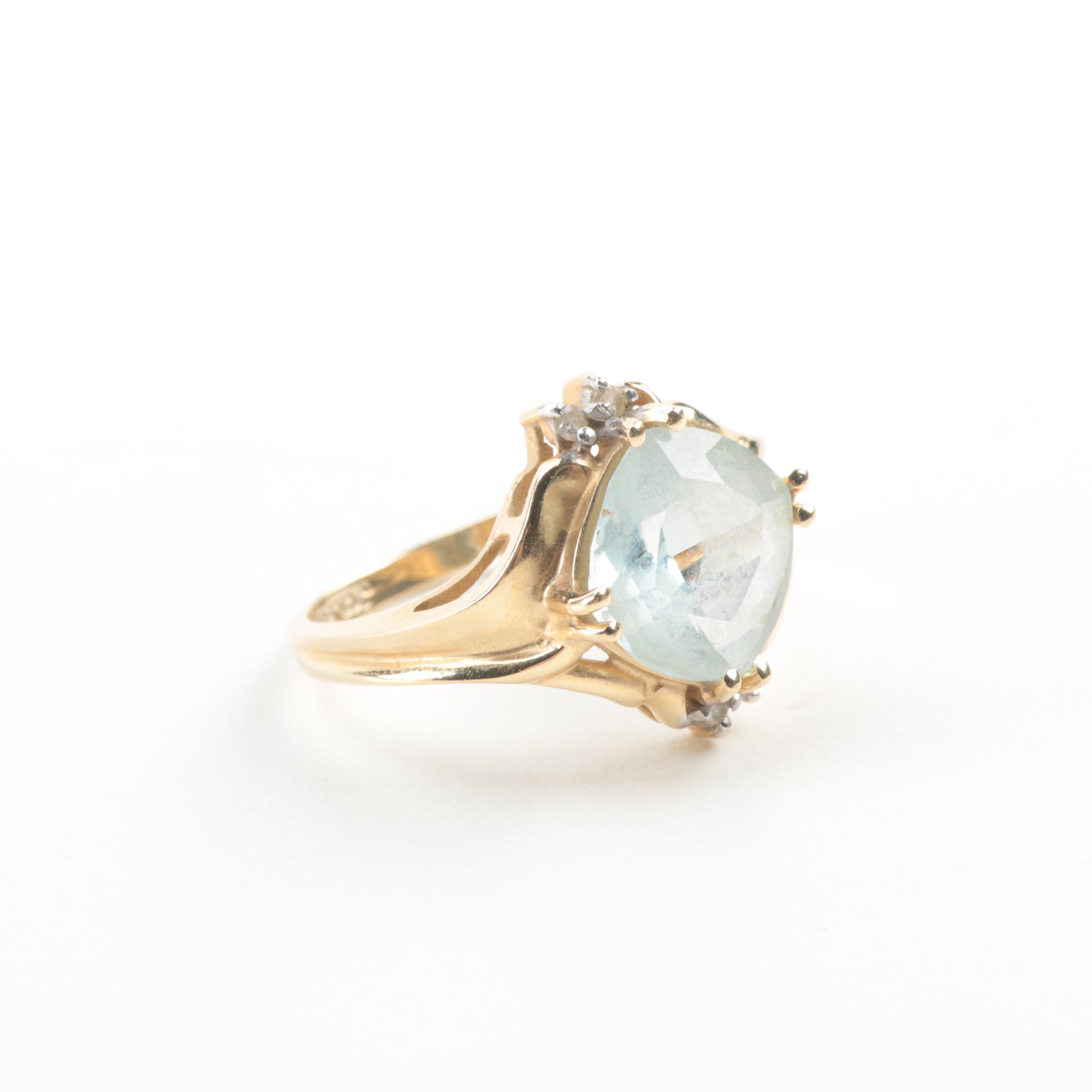 14K Yellow Gold Cushion Cut Aquamarine and Diamond Ring