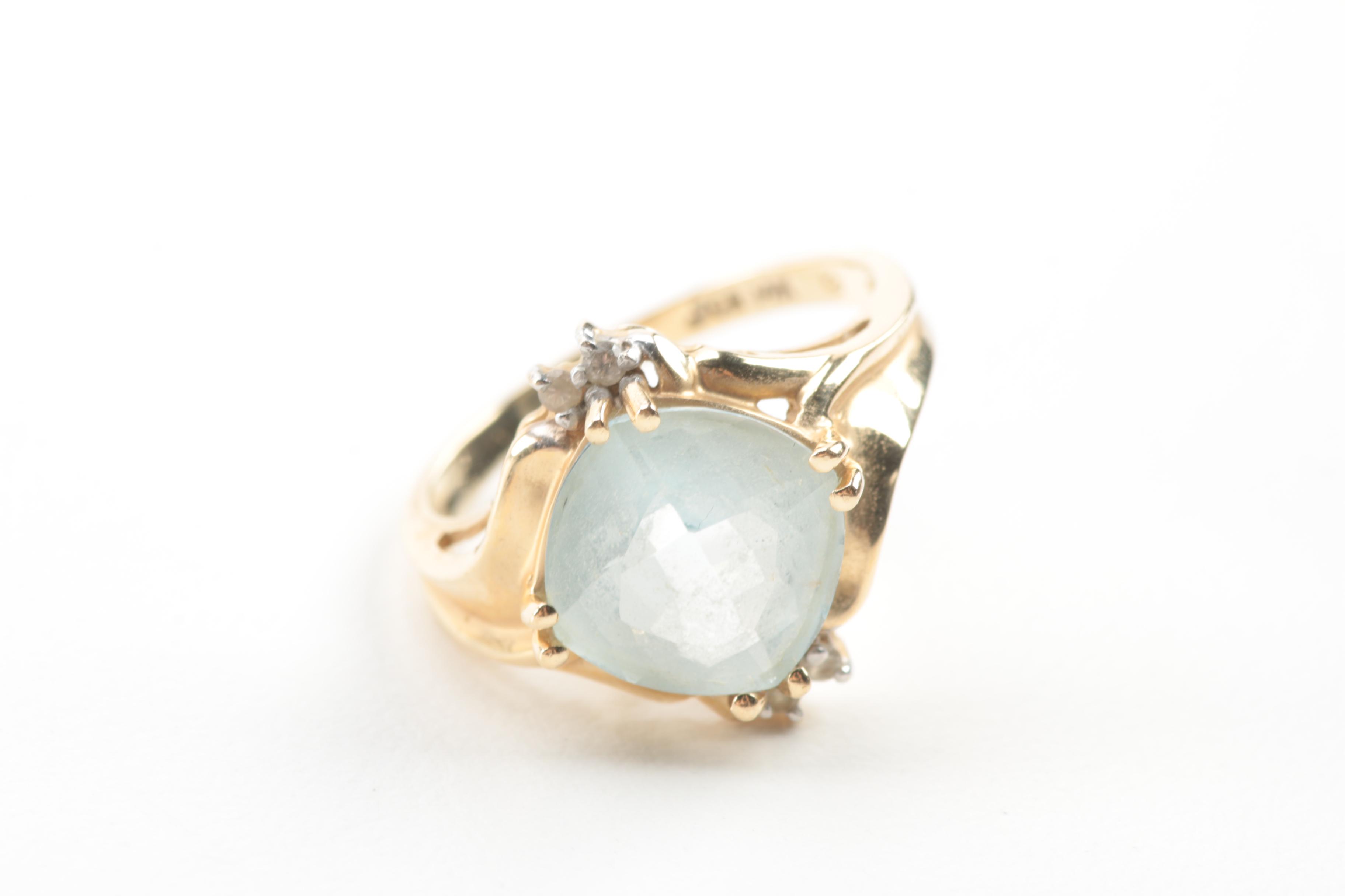 14K Yellow Gold Cushion Cut Aquamarine and Diamond Ring