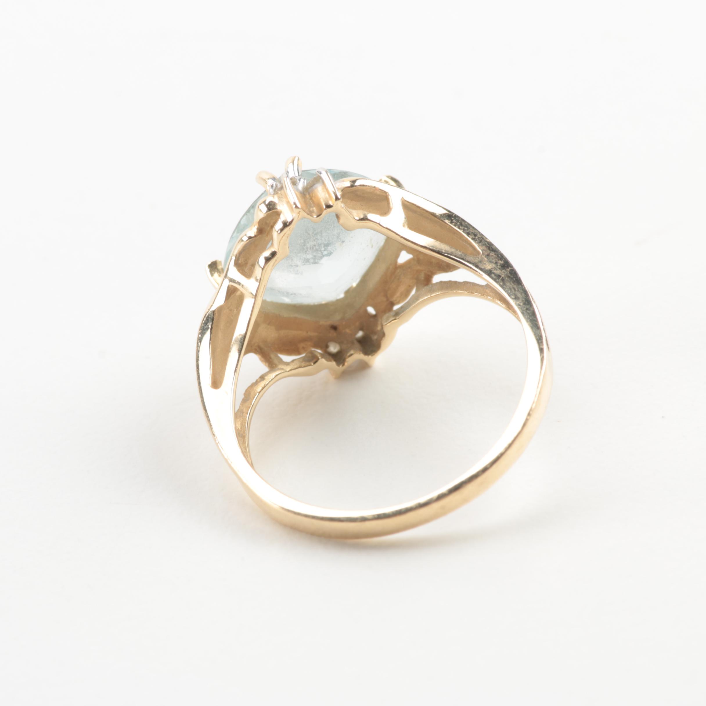 14K Yellow Gold Cushion Cut Aquamarine and Diamond Ring