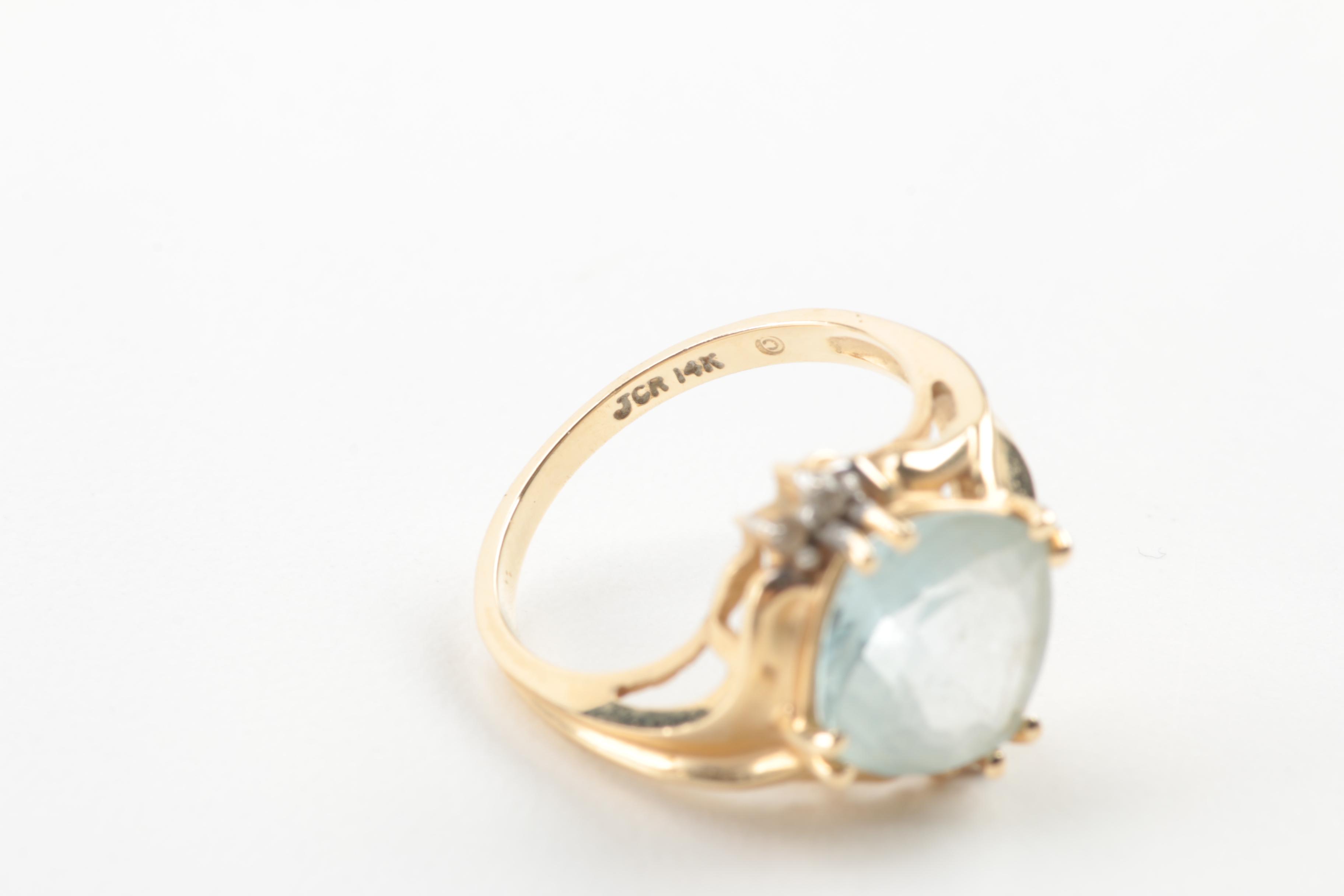 14K Yellow Gold Cushion Cut Aquamarine and Diamond Ring
