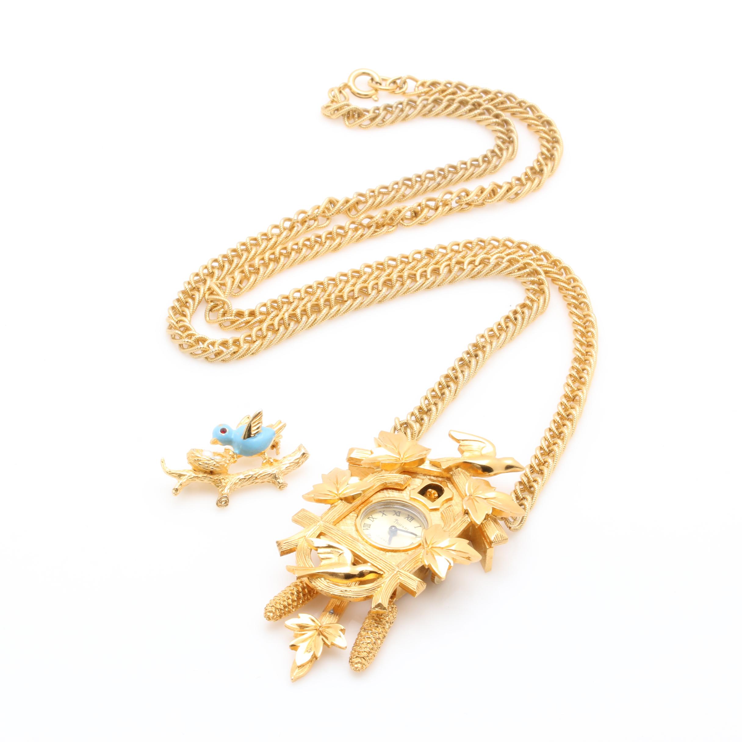 Gold-Tone Cuckcoo Clock Necklace and Bluebird Brooch Featuring Trifari