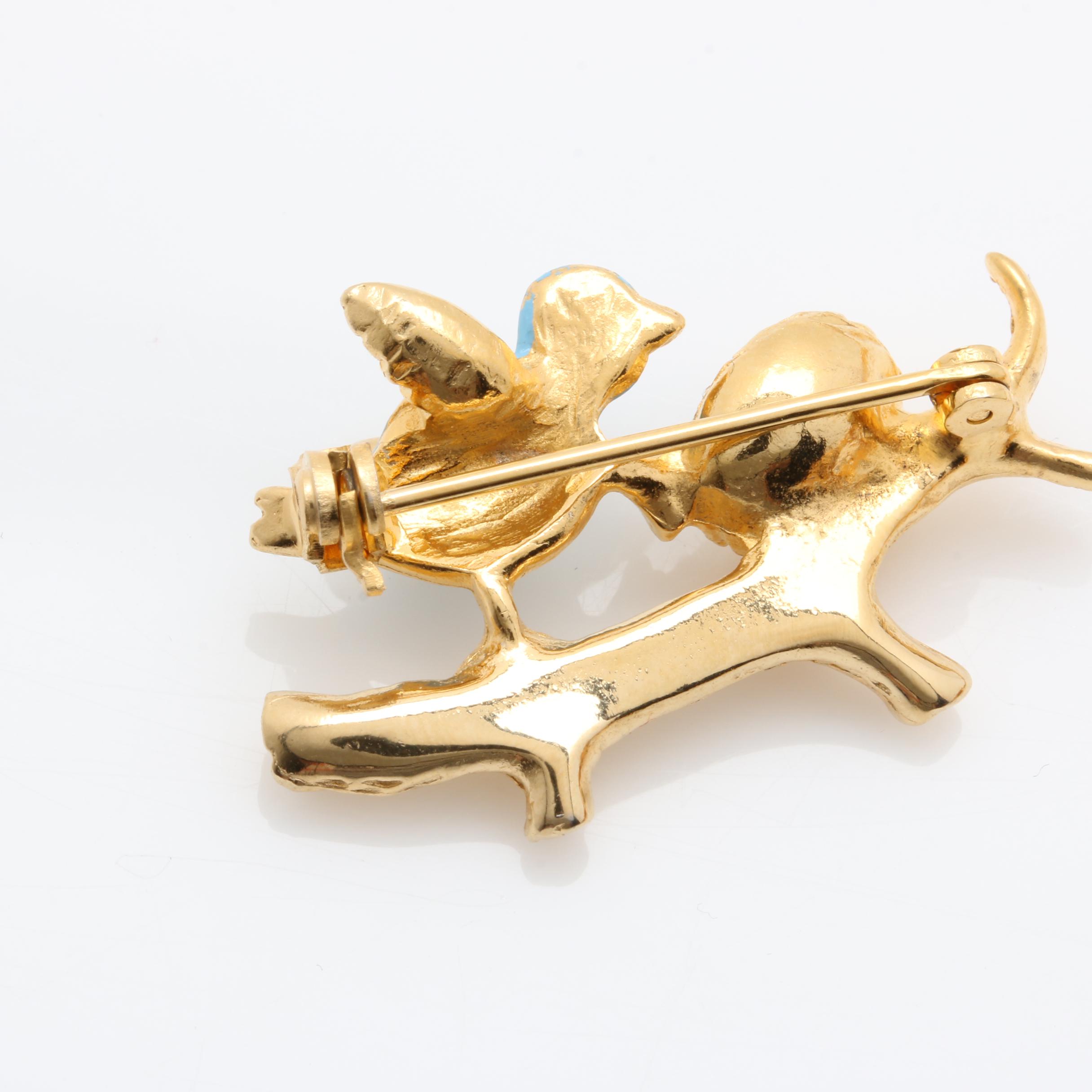 Gold-Tone Cuckcoo Clock Necklace and Bluebird Brooch Featuring Trifari