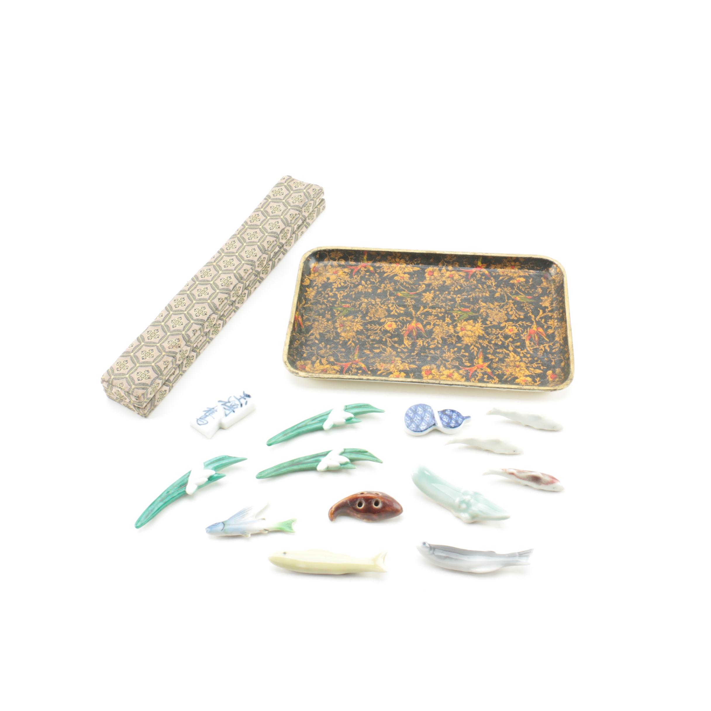 Vintage Japanese Paper Mache Tray with Chopstick Rests