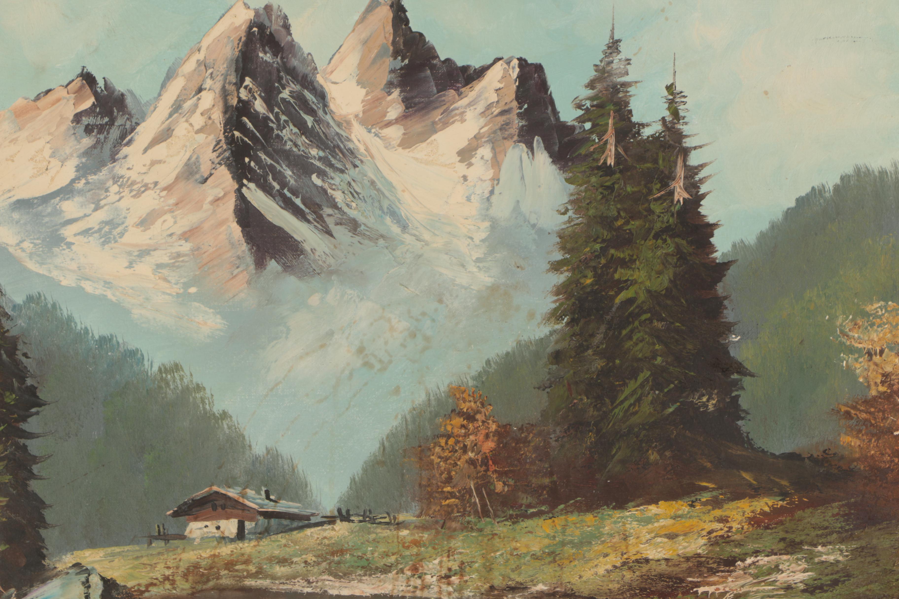 Signed Oil on Canvas Alpine Chalet Landscape Painting