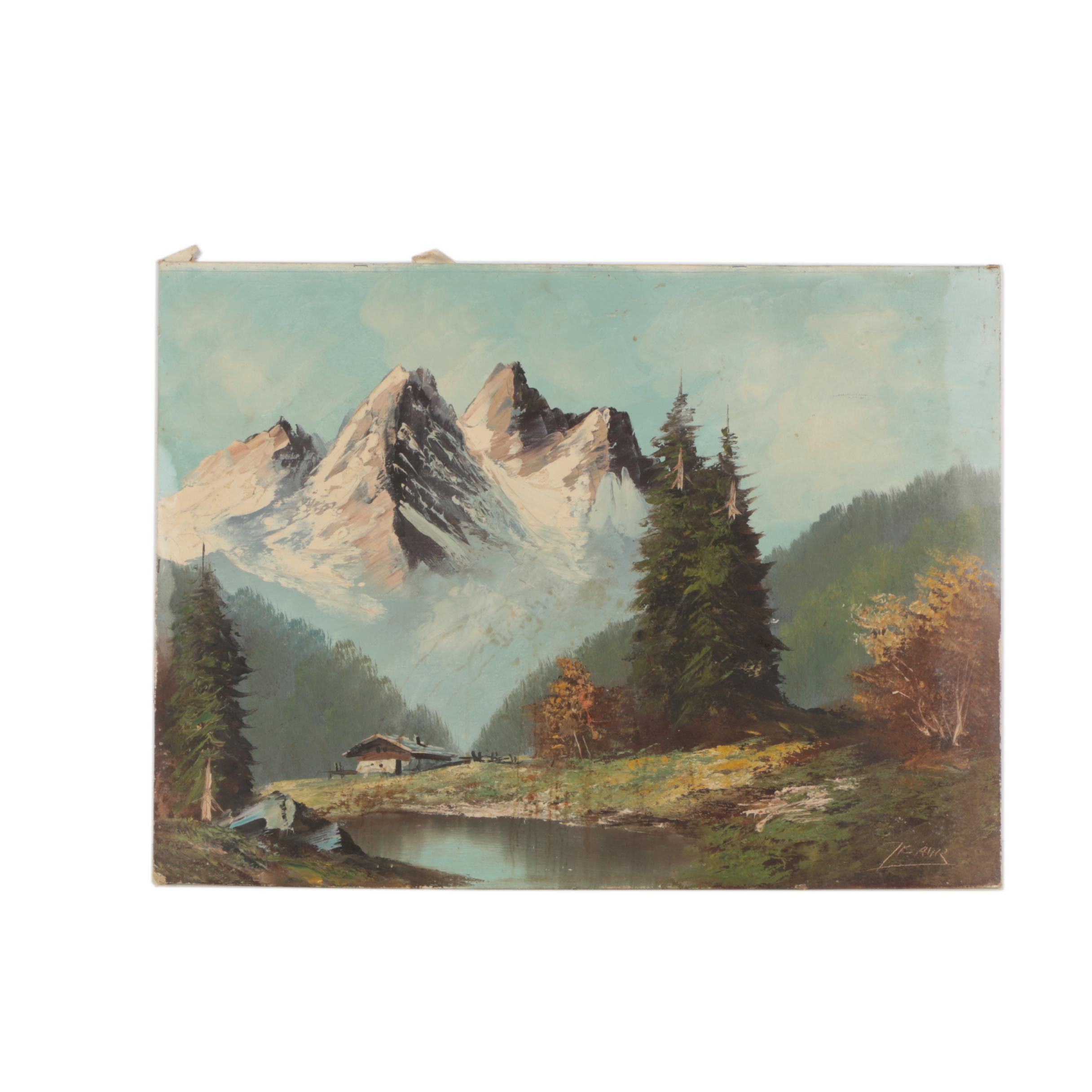 Signed Oil on Canvas Alpine Chalet Landscape Painting
