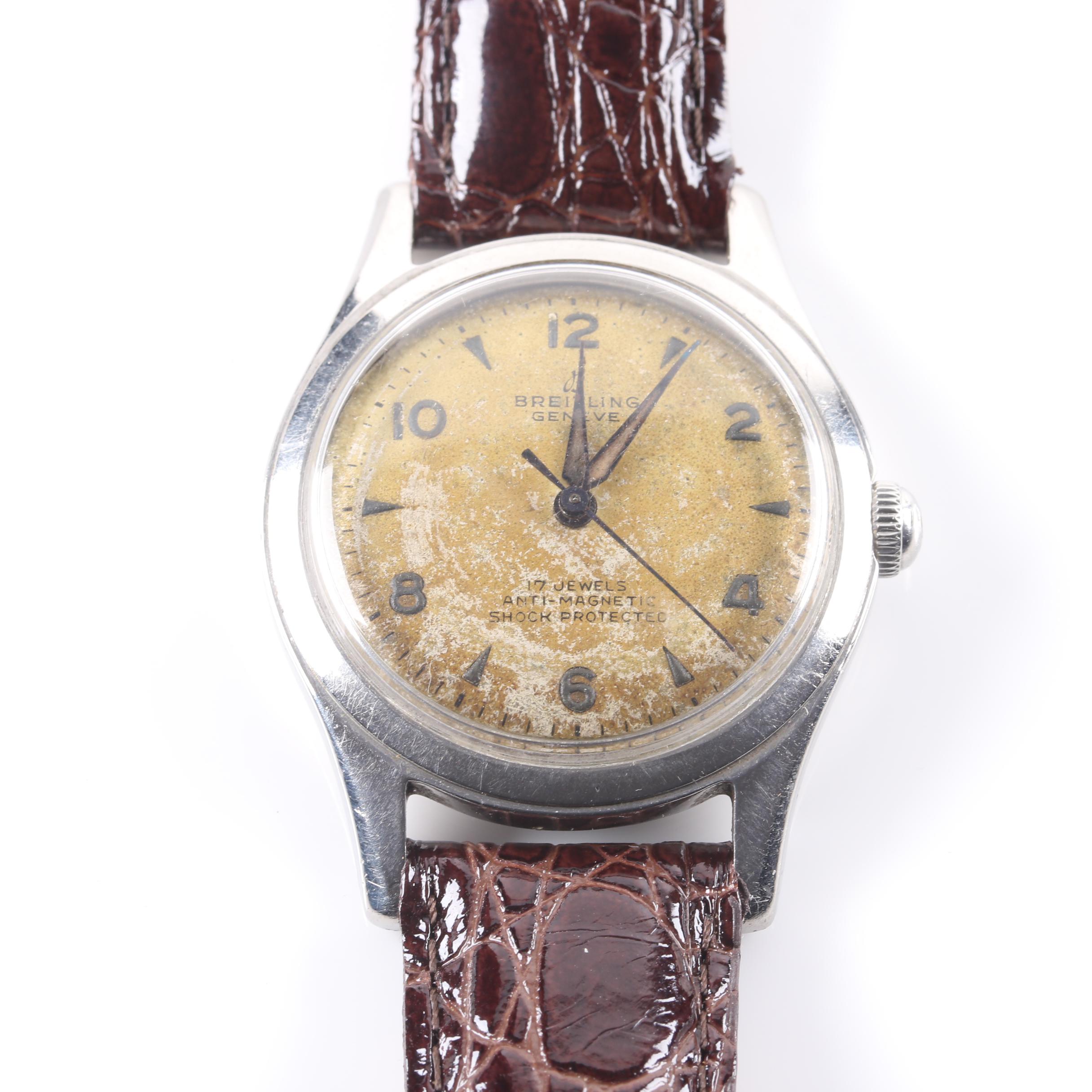1950s Breitling Geneve Anti Magnetic Stainless Steel and Leather Watch