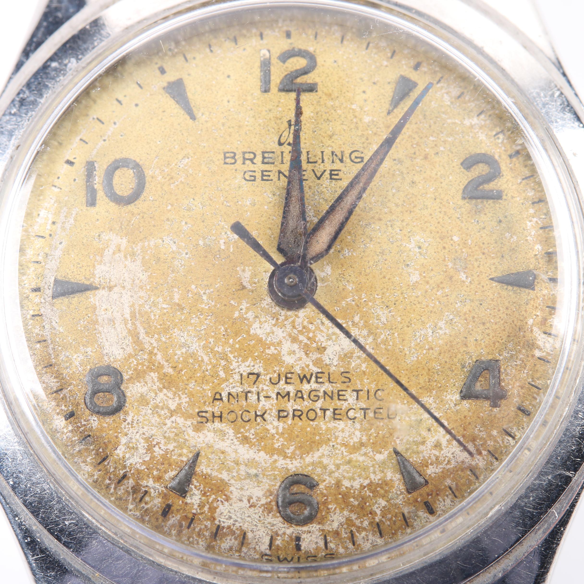 1950s Breitling Geneve Anti Magnetic Stainless Steel and Leather Watch