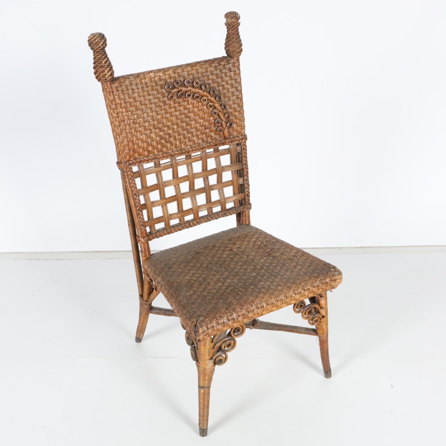 Antique Edwardian Style Woven Wicker and Bamboo Chair