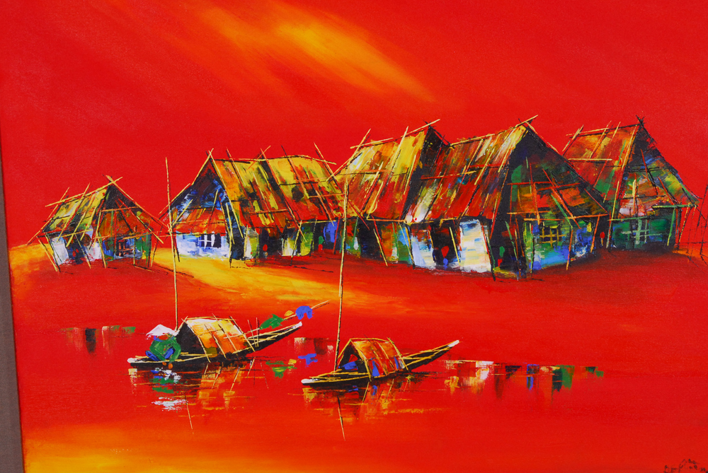 Southeast Asian Oil Painting of a Village