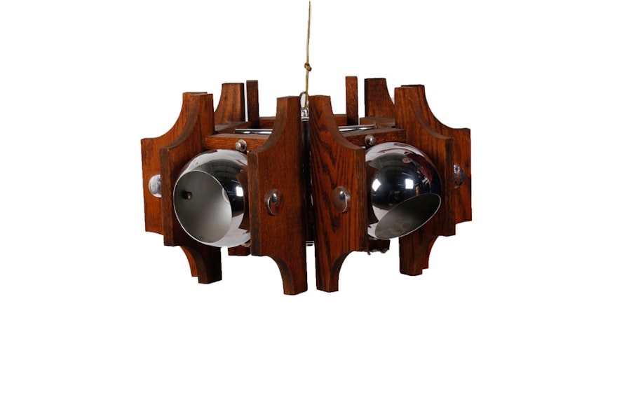 Mid Century Modern Wood and Chrome Chandelier