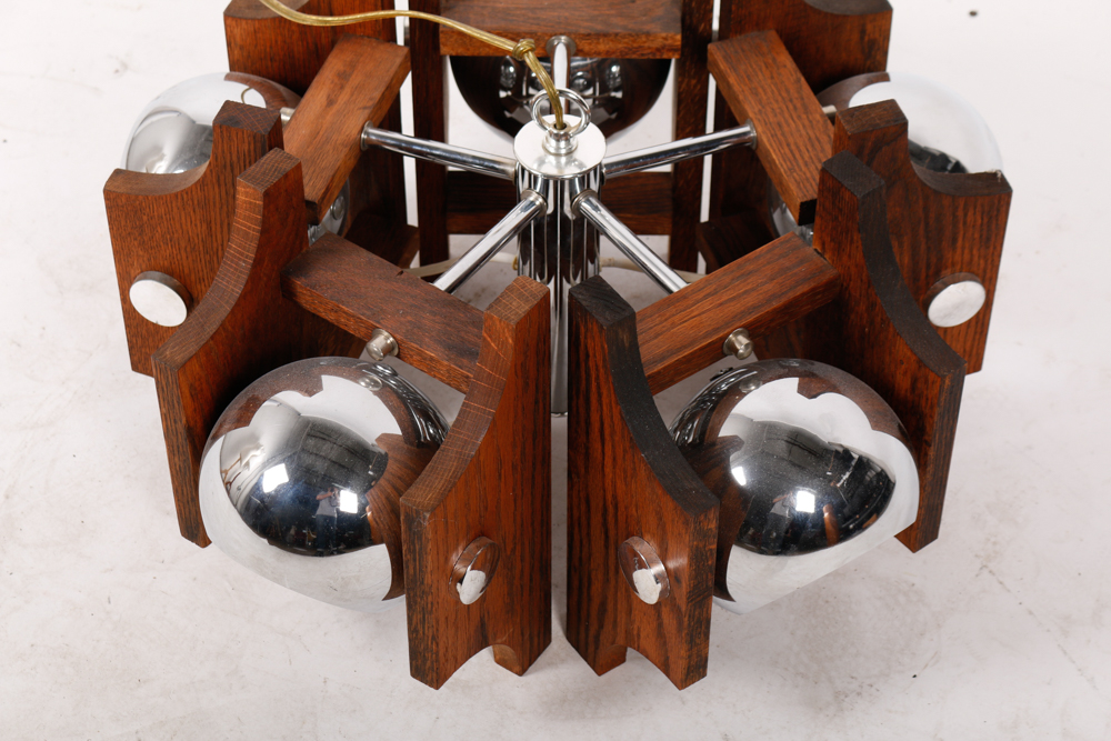 Mid Century Modern Wood and Chrome Chandelier