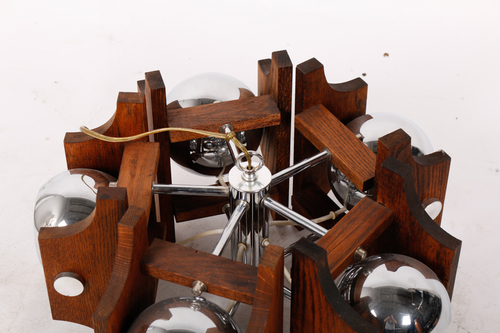 Mid Century Modern Wood and Chrome Chandelier