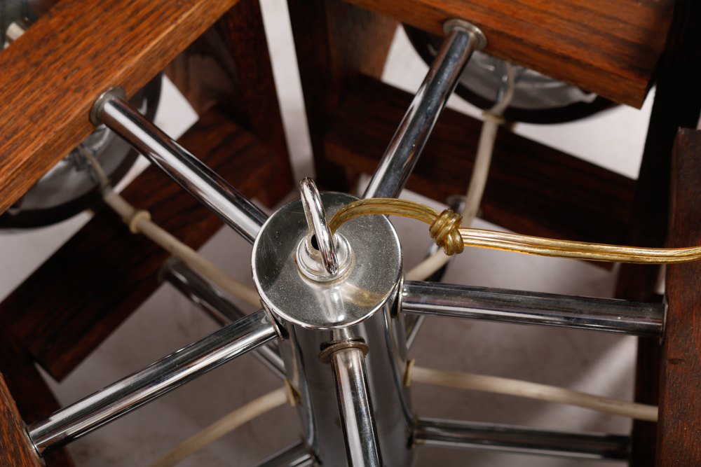 Mid Century Modern Wood and Chrome Chandelier