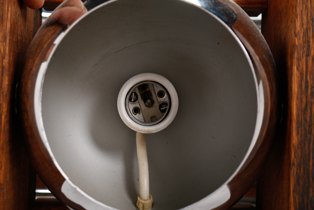 Mid Century Modern Wood and Chrome Chandelier