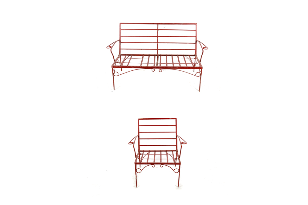 Red Outdoor Metal Bench and Chair