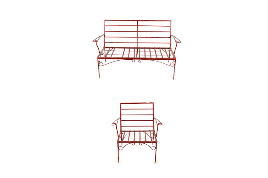 Red Outdoor Metal Bench and Chair