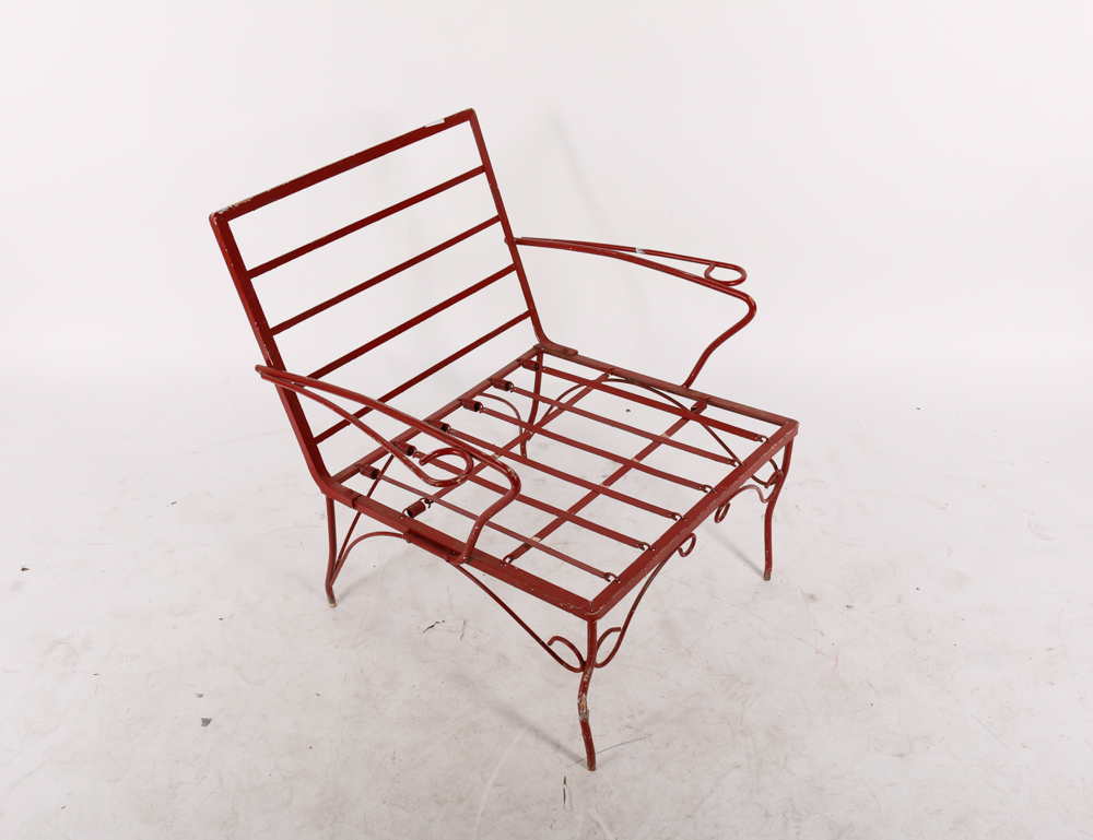 Red Outdoor Metal Bench and Chair