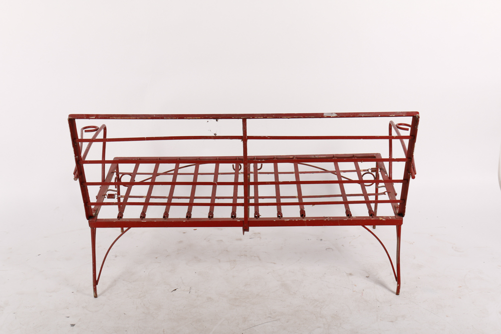 Red Outdoor Metal Bench and Chair