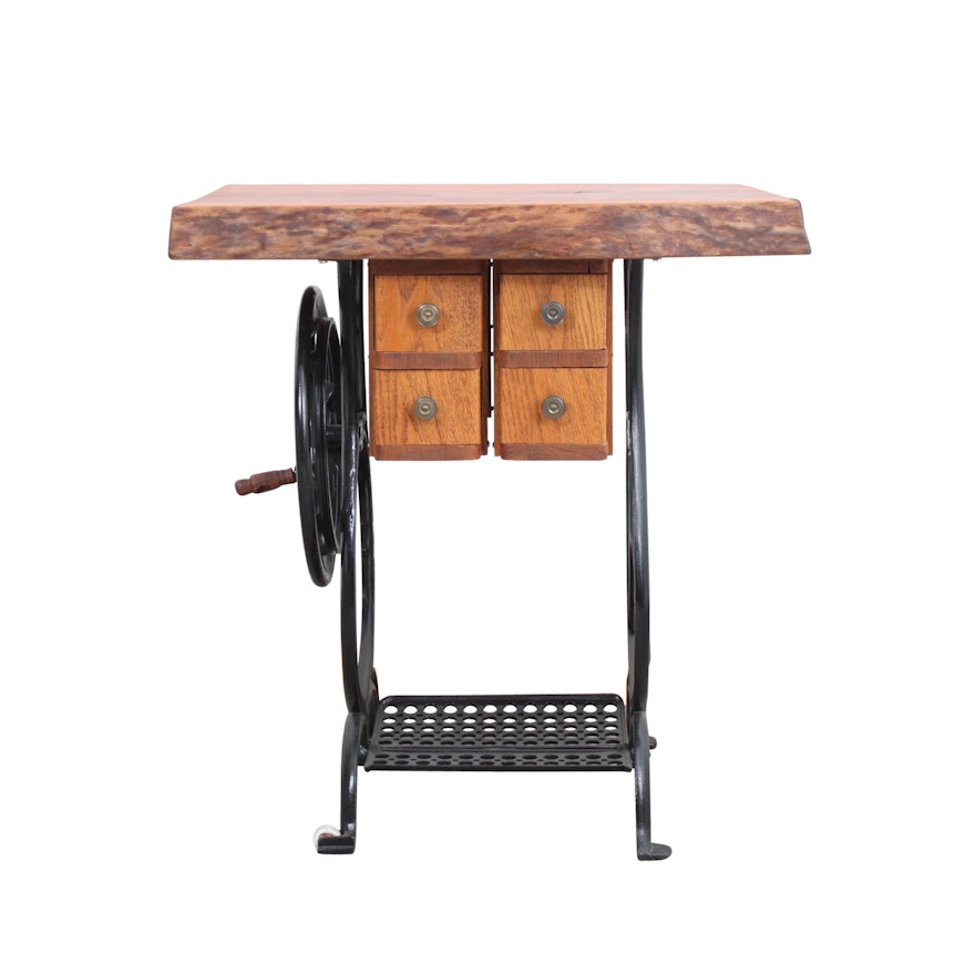 Wolf Creek Woodworks Cherry Wood Slab and Vintage Cast Iron Trestle Side Table