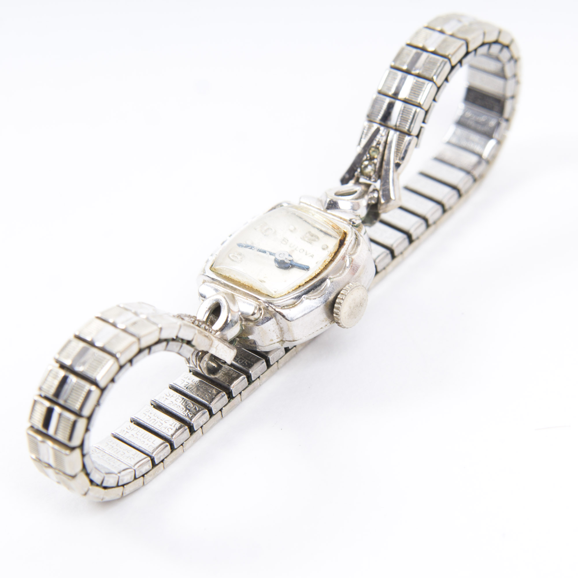 Bulova 10K White Rolled Gold Plated and Silver Tone Stem Wind Watch