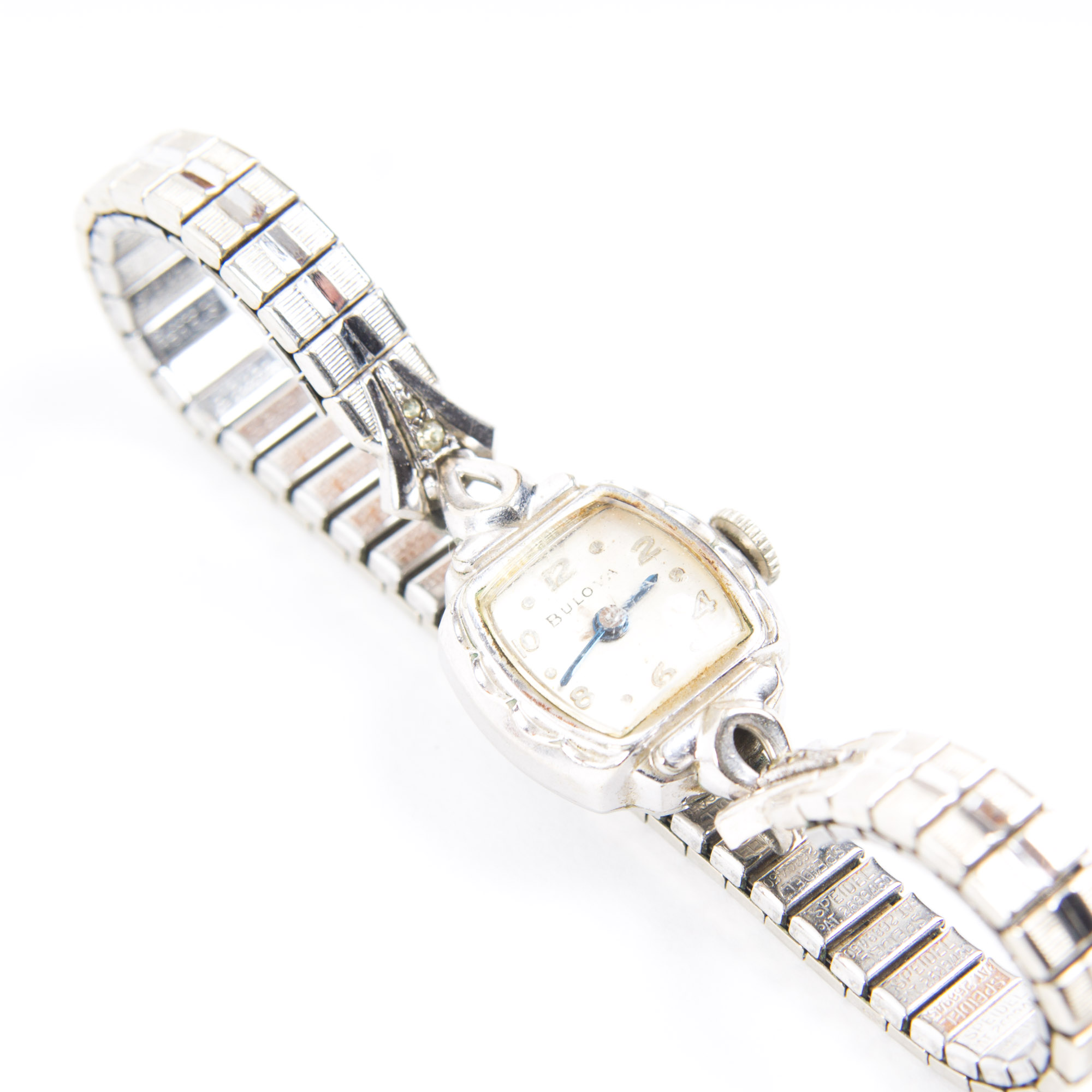 Bulova 10K White Rolled Gold Plated and Silver Tone Stem Wind Watch