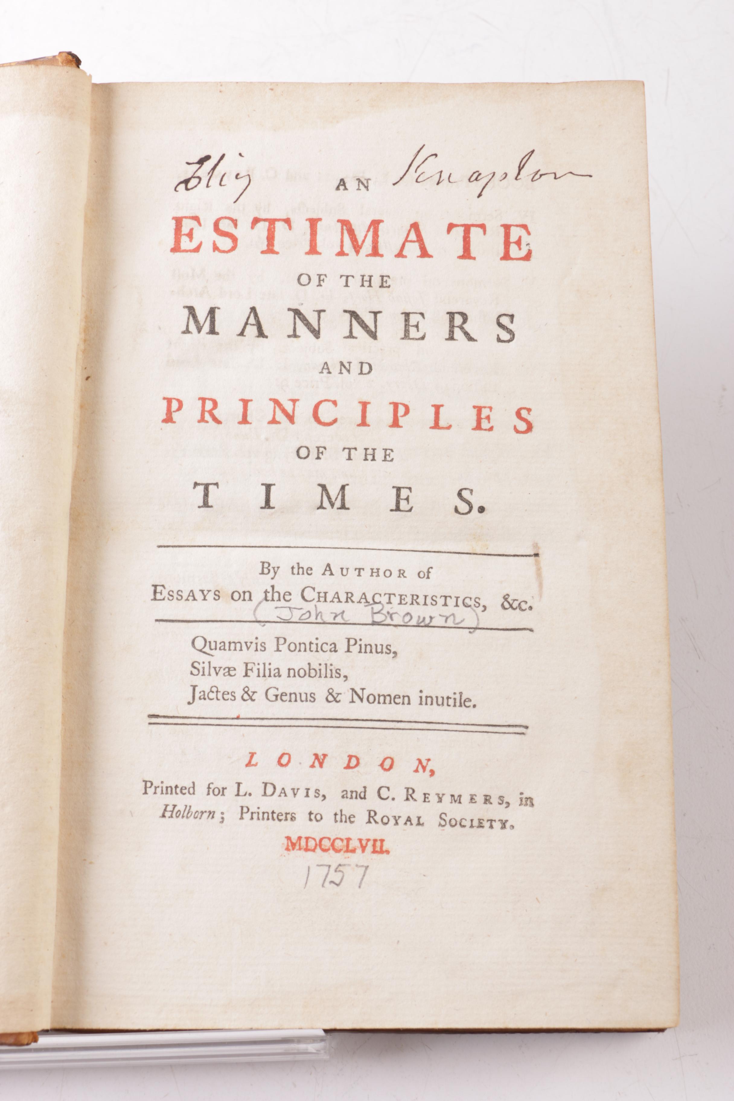 1757 "An Estimate of the Manners and Principles of the Times" by John Brown