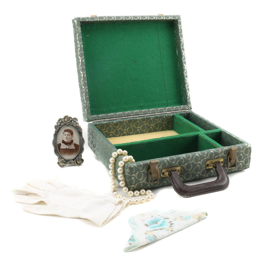 Jewelry Case with Faux Pearl Necklace, Handkerchief, Gloves and Framed Portrait