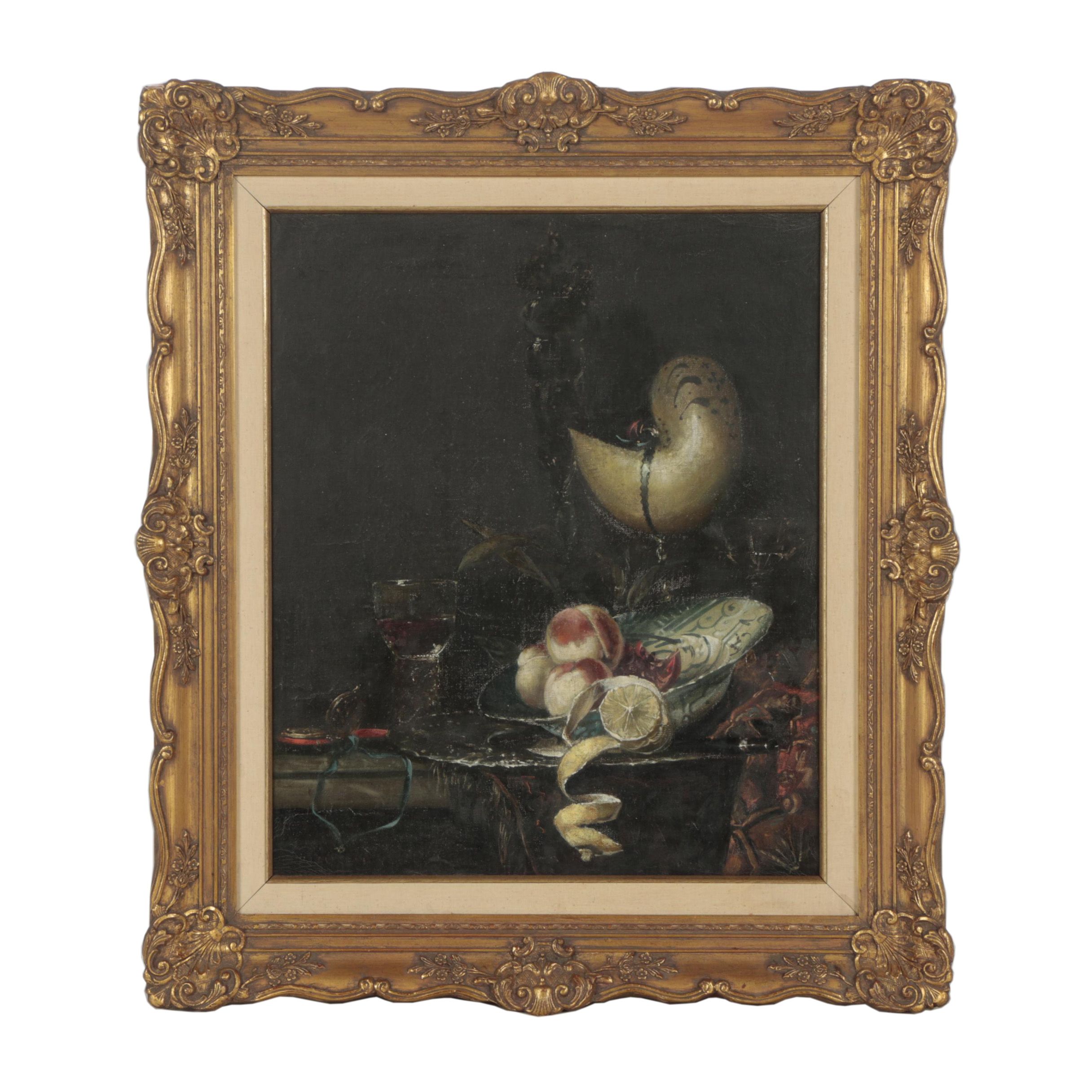 Oil Still Life Painting of Fruits and Wine