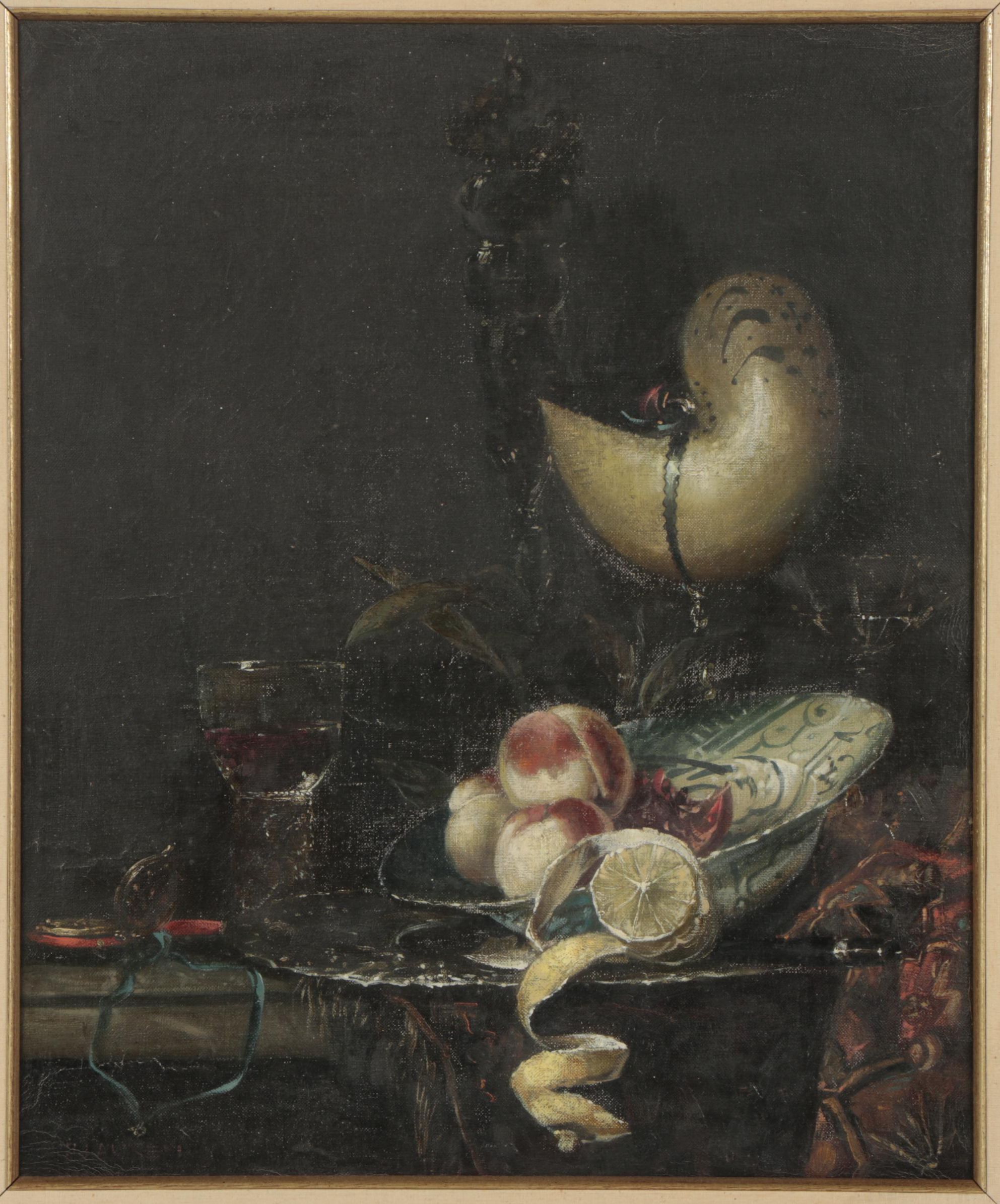 Oil Still Life Painting of Fruits and Wine
