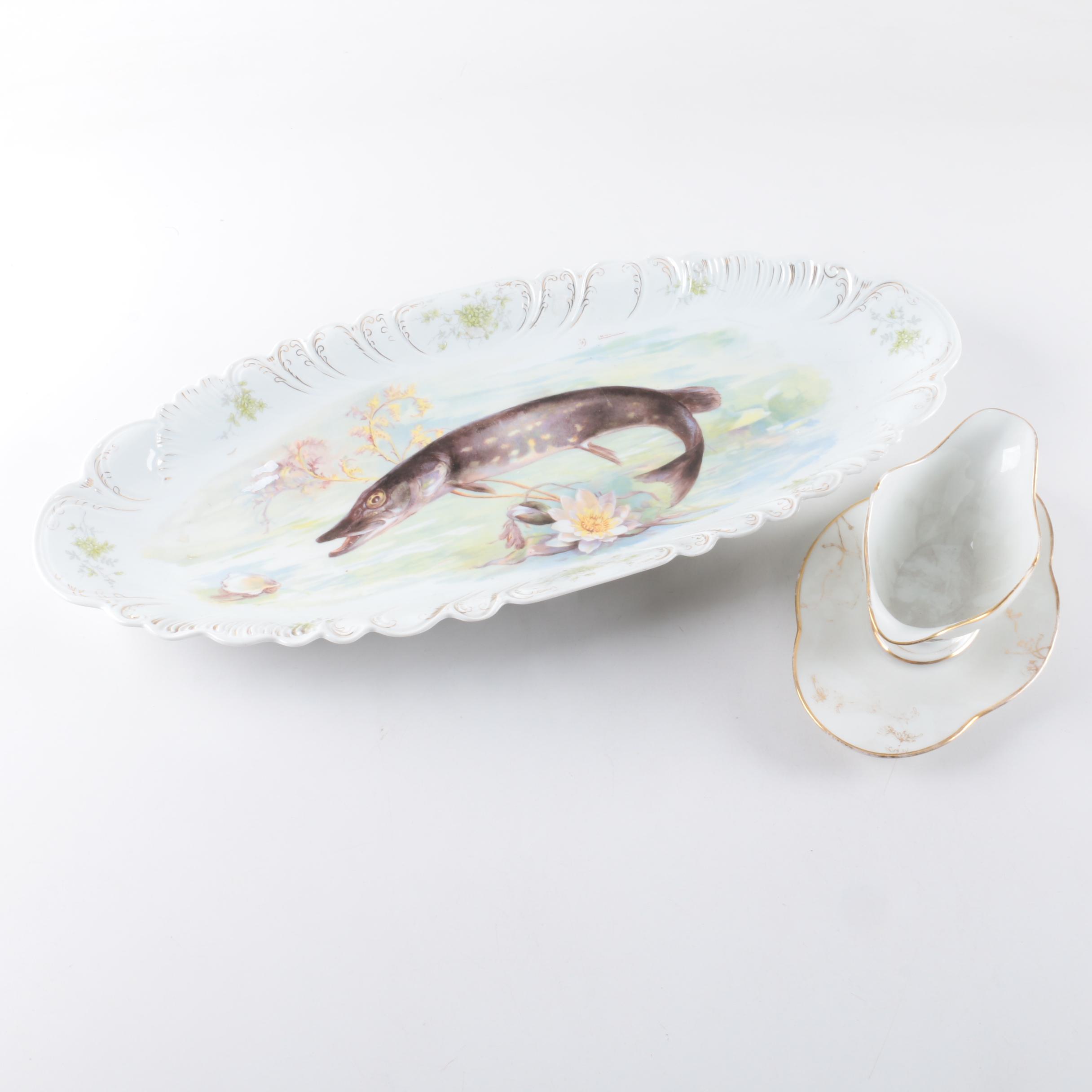 Antique Z. S. & Co. Bavarian Fish Platter 1880-1918 and Haviland Sauce Boat 1882