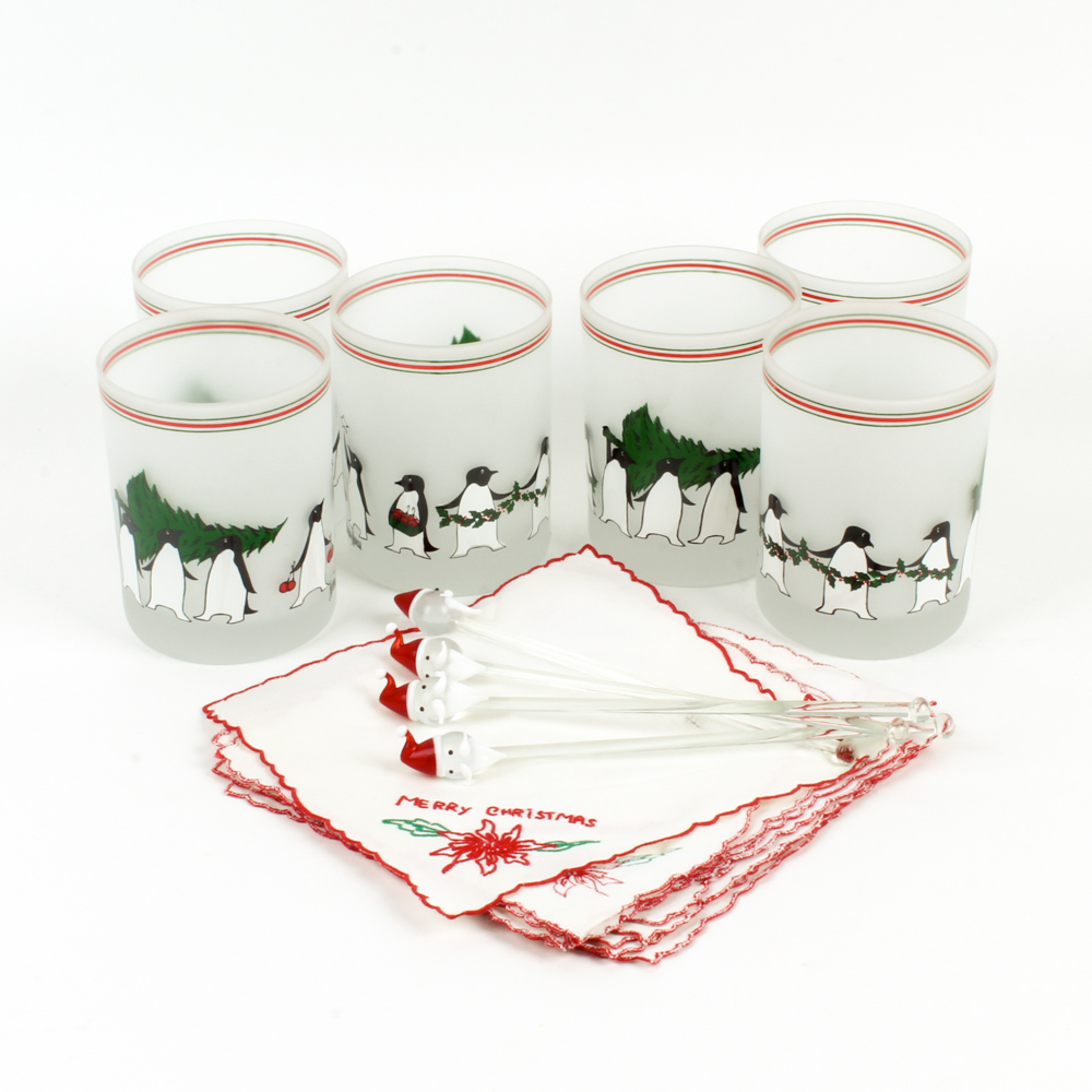 Neiman Marcus Frosted Penguin Tumblers, Christmas Napkins, and Drink Stirrers