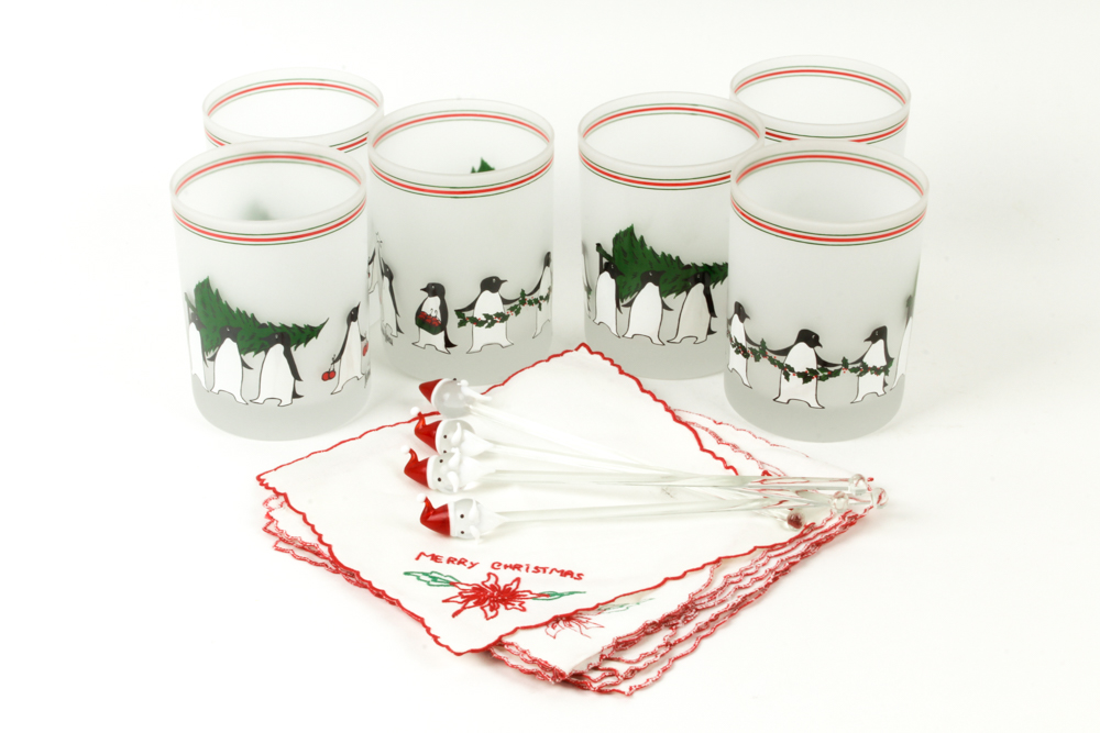 Neiman Marcus Frosted Penguin Tumblers, Christmas Napkins, and Drink Stirrers