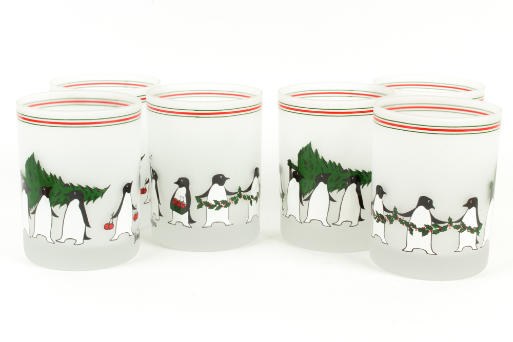 Neiman Marcus Frosted Penguin Tumblers, Christmas Napkins, and Drink Stirrers