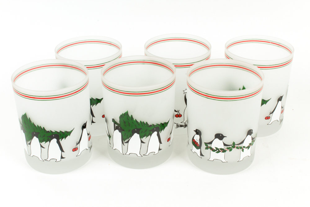 Neiman Marcus Frosted Penguin Tumblers, Christmas Napkins, and Drink Stirrers