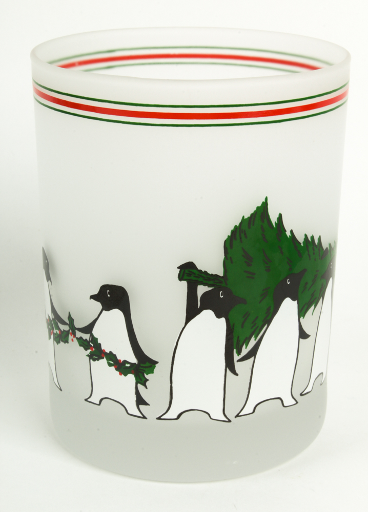 Neiman Marcus Frosted Penguin Tumblers, Christmas Napkins, and Drink Stirrers